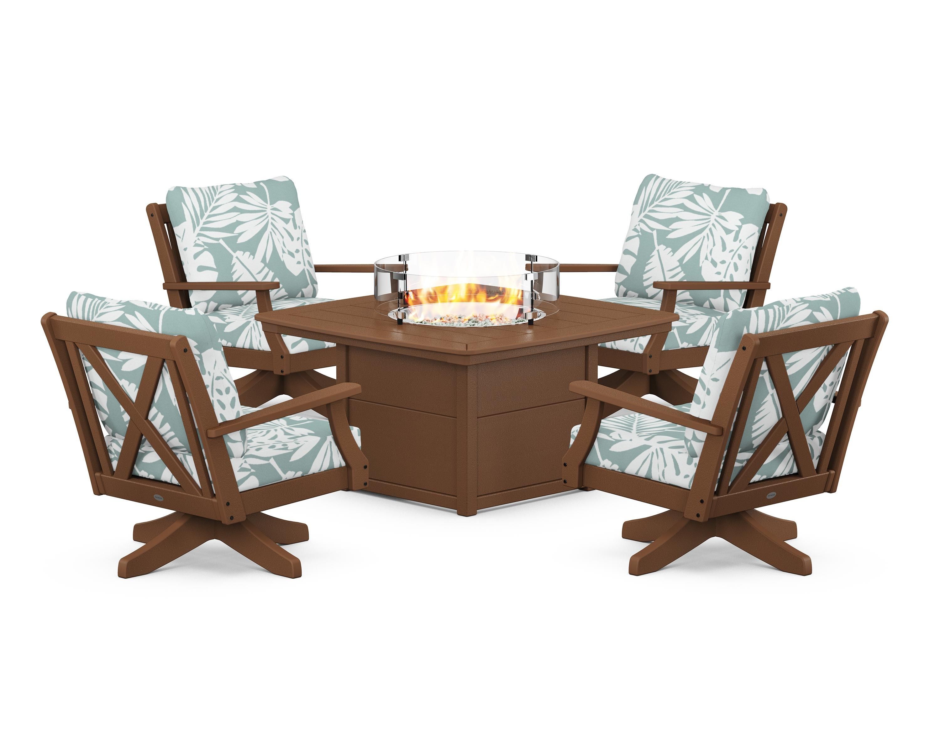 POLYWOOD Braxton 5-Piece Deep Seating Swivel Conversation Set with Fire Pit Table in Teak / Leaf Glacier Spa