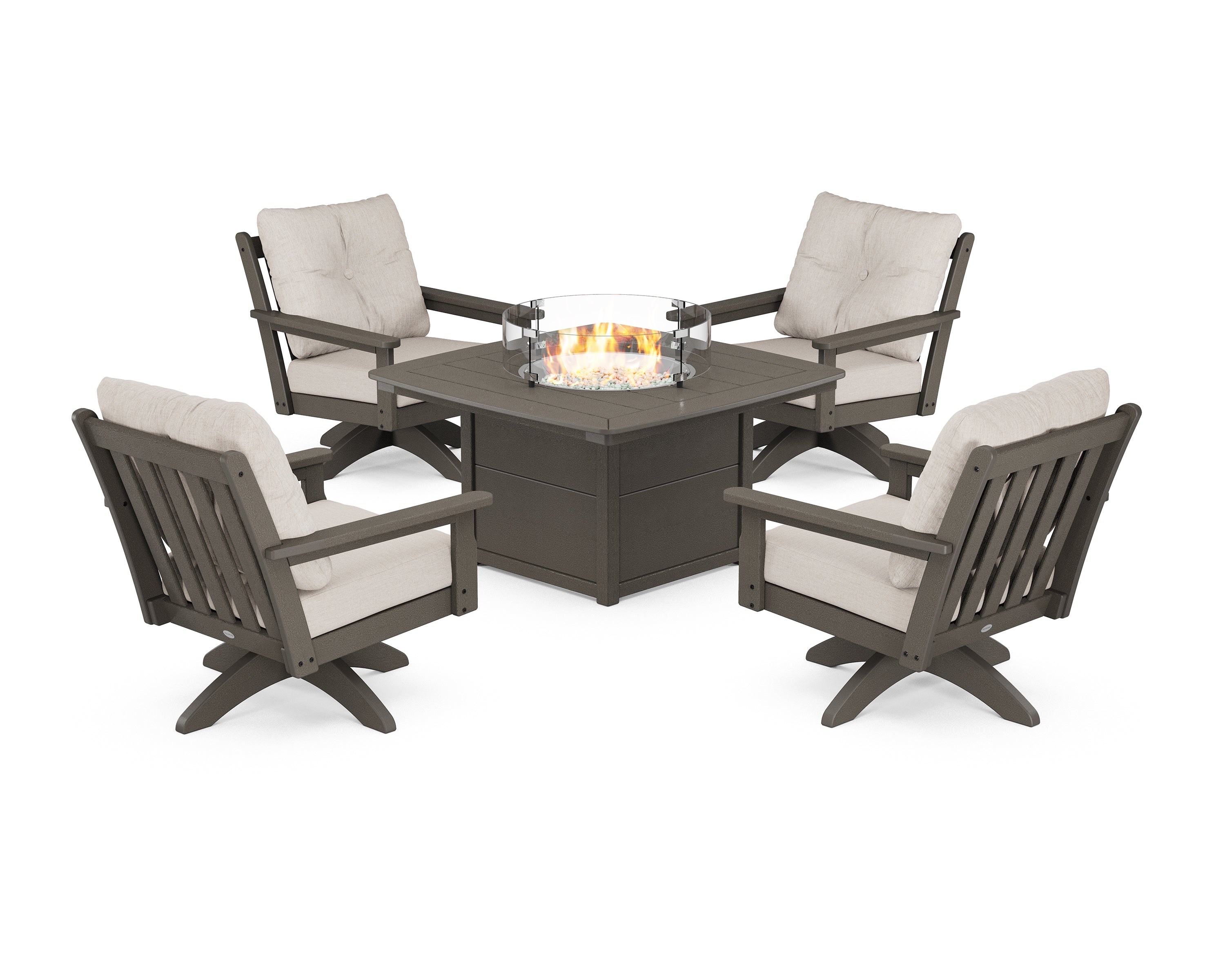 POLYWOOD Vineyard 5-Piece Deep Seating Swivel Conversation Set with Fire Pit Table in Vintage Coffee / Cast Ash