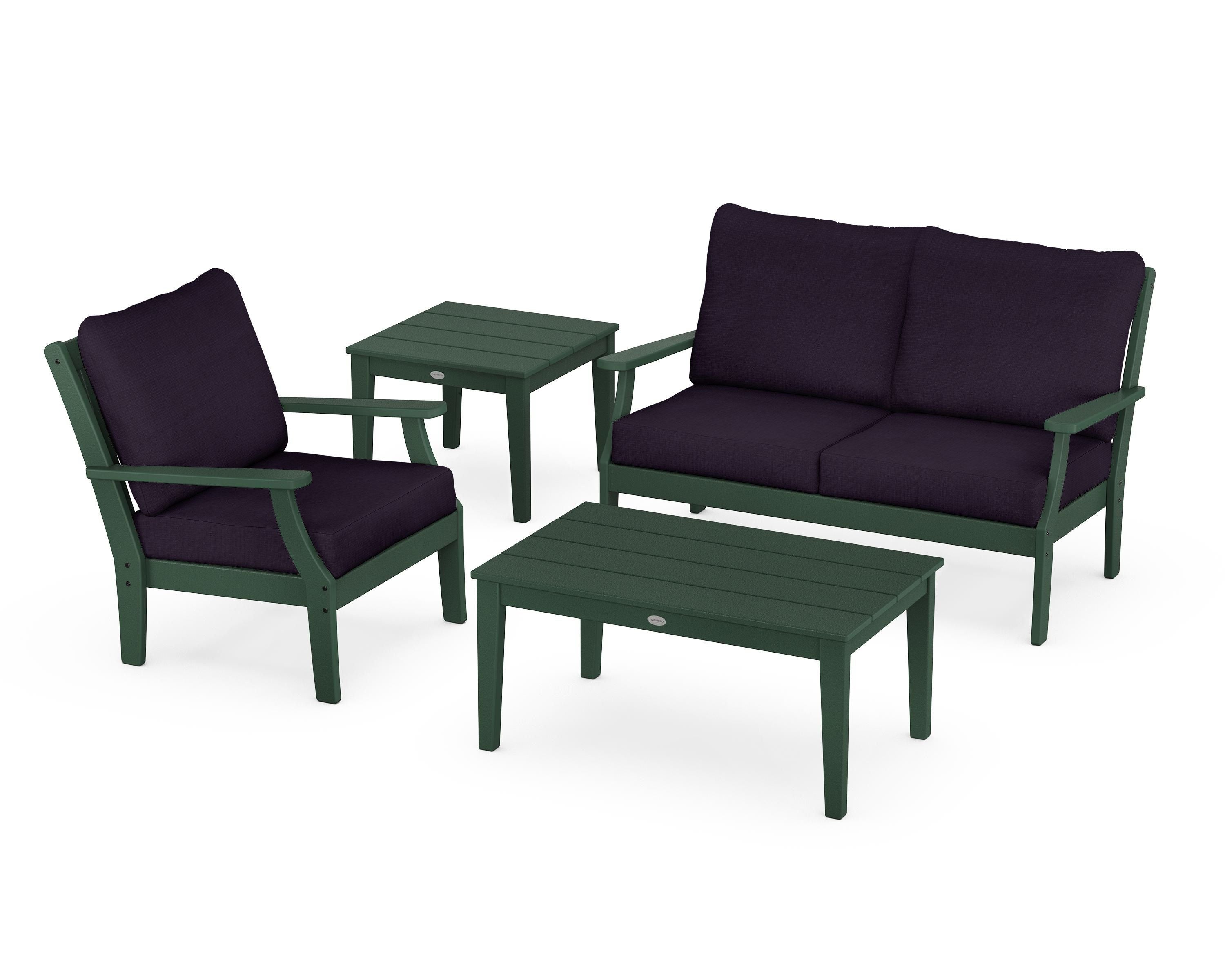 POLYWOOD Braxton 4-Piece Deep Seating Set in Green / Navy Linen