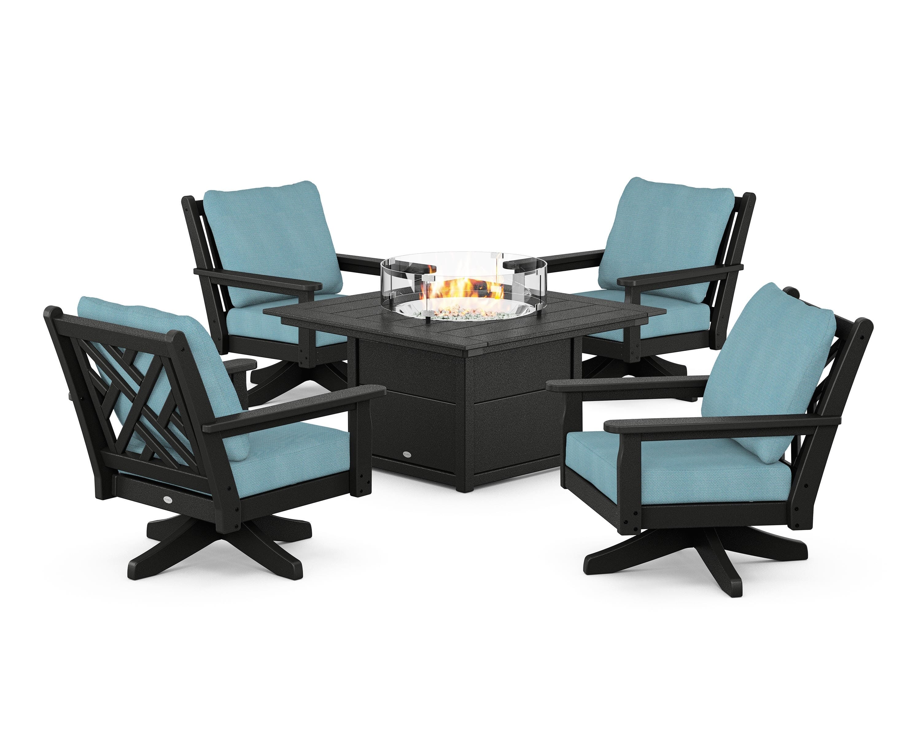 POLYWOOD Chippendale 5-Piece Deep Seating Swivel Conversation Set with Fire Pit Table in Black / Lattice Sky Blue