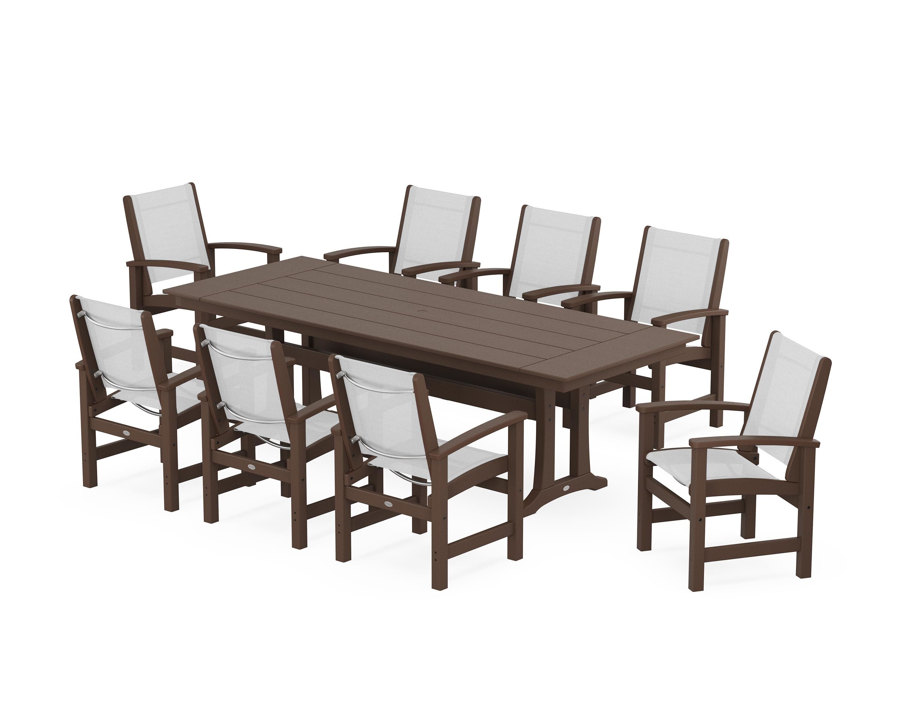 POLYWOOD Coastal 9-Piece Farmhouse Dining Set with Trestle Legs in Mahogany / White Sling