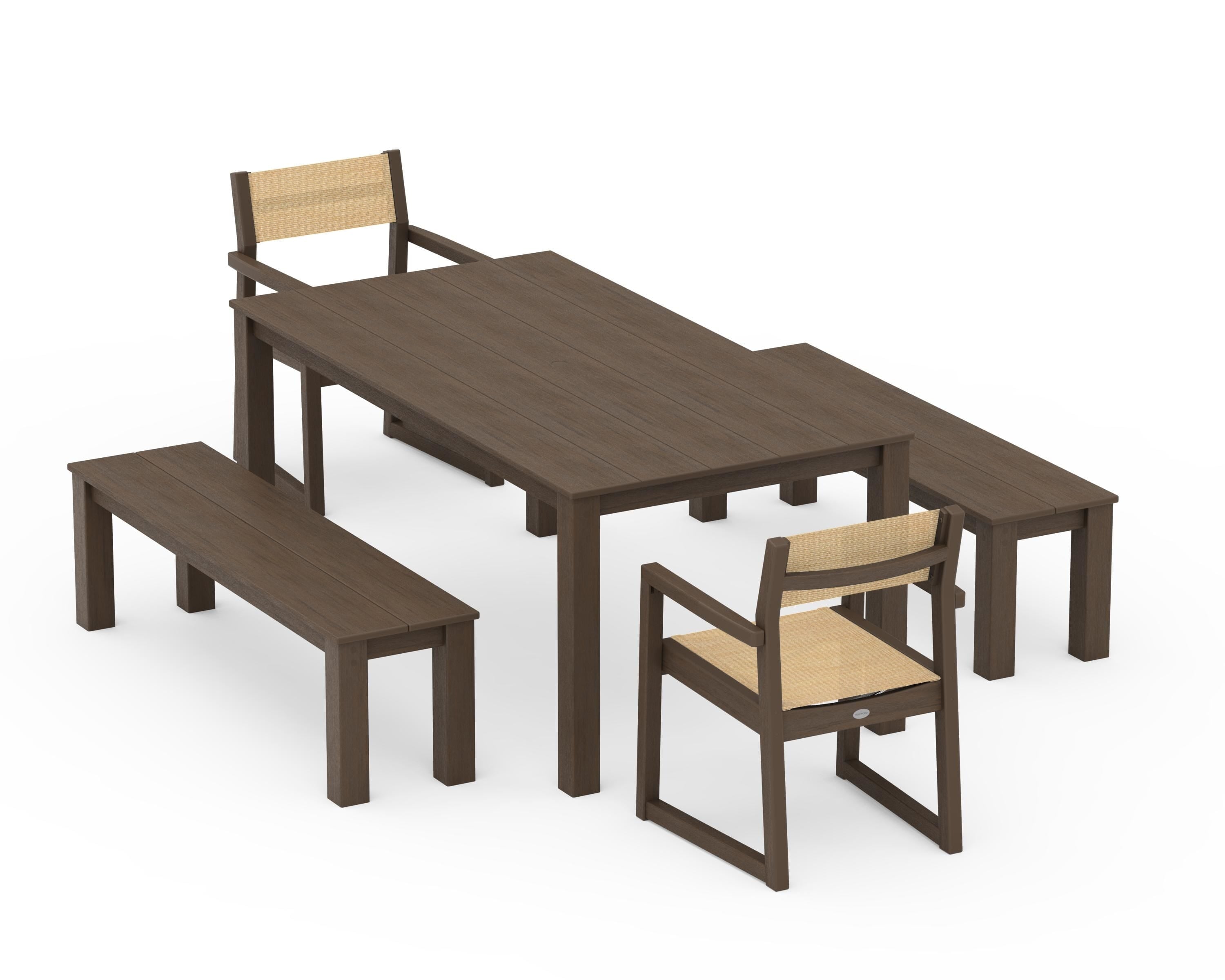 POLYWOOD EDGE Sling Arm Chair 5-Piece Parsons Dining Set with Benches in Kona / Dupioni Apricot Sling