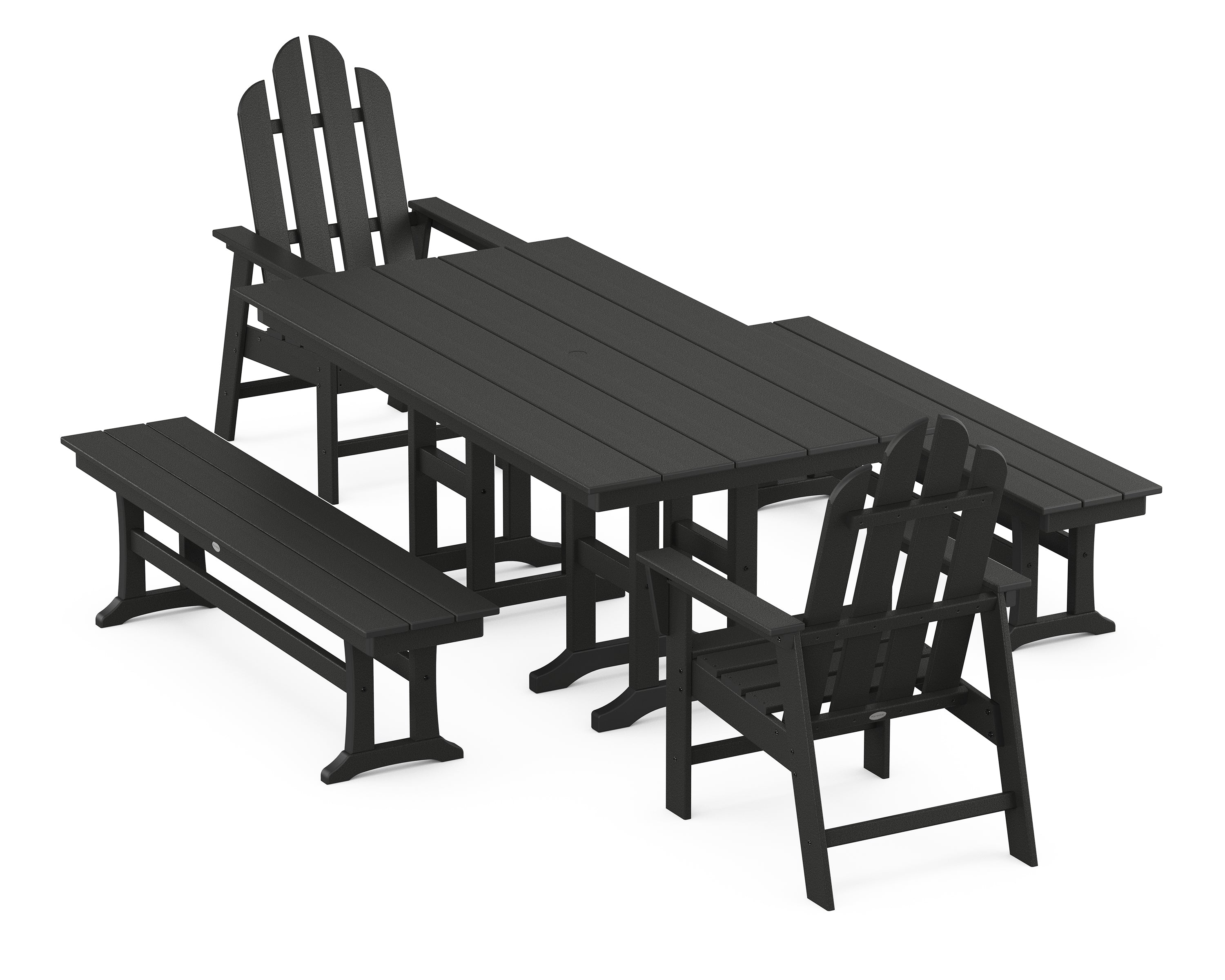 POLYWOOD® Long Island 5-Piece Farmhouse Dining Set with Benches in Black