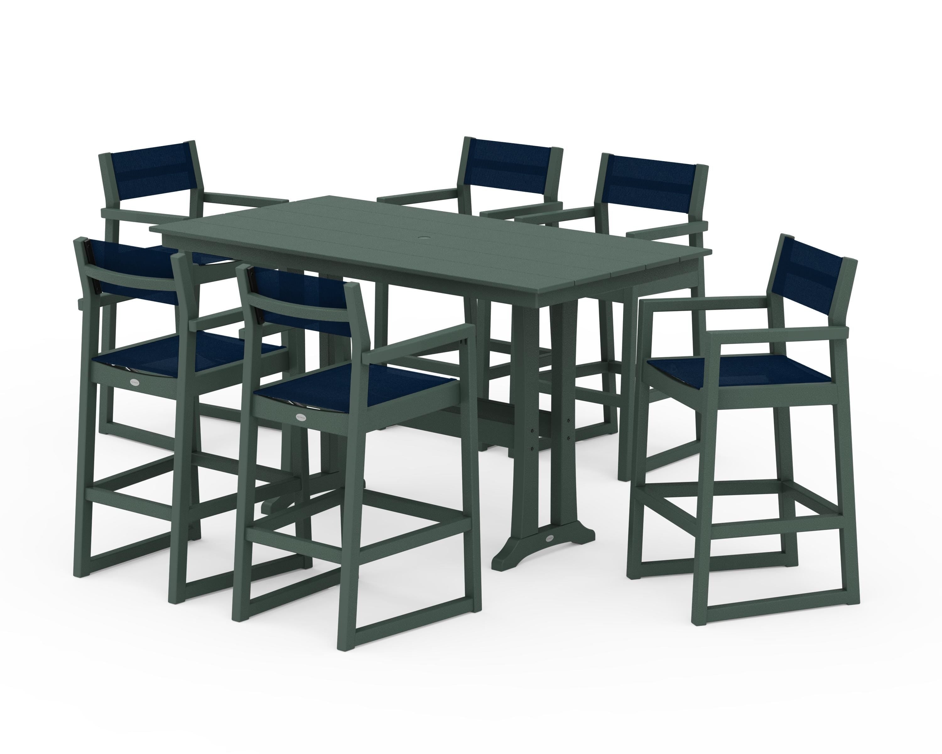 POLYWOOD EDGE Sling Arm Chair 7-Piece Farmhouse Bar Set with Trestle Legs in Green / Navy Blue Sling