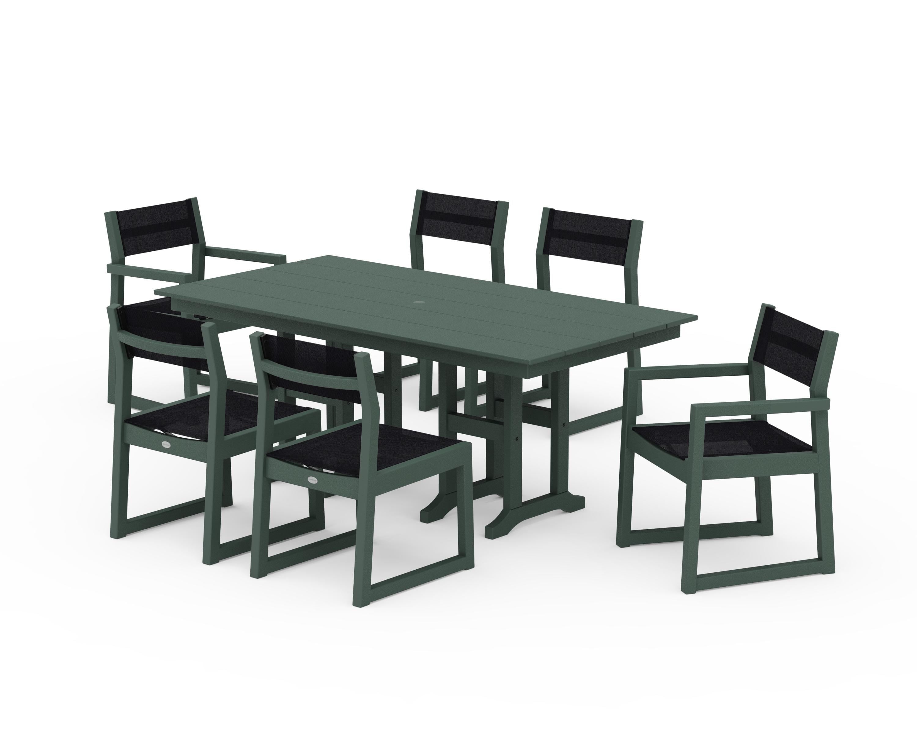 POLYWOOD EDGE Sling 7-Piece Farmhouse Dining Set in Green / Black Sling