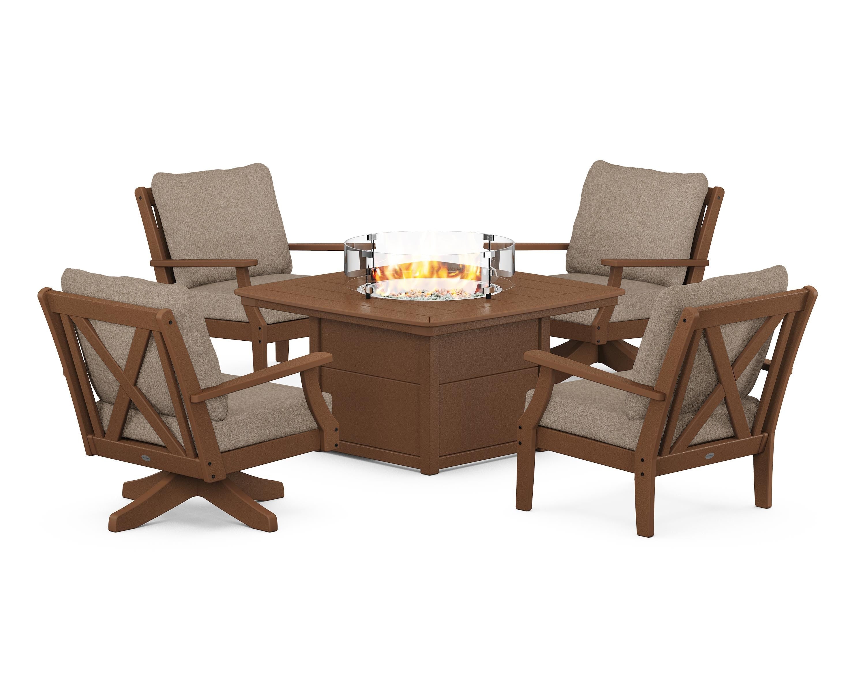 POLYWOOD Braxton 5-Piece Deep Seating Set with Fire Table in Teak / Spiced Burlap