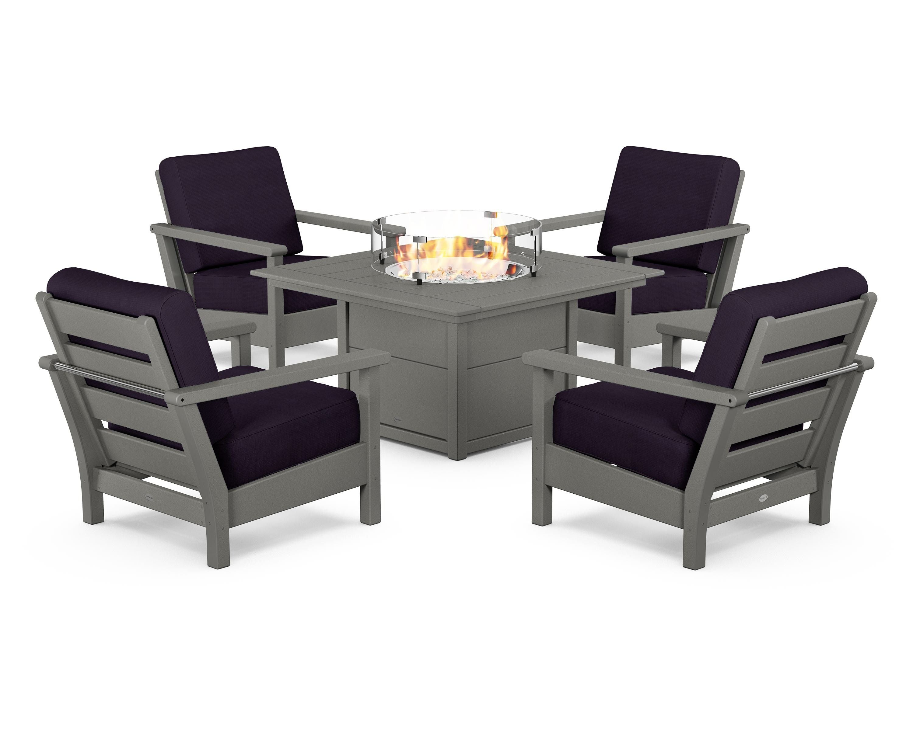 POLYWOOD Harbour 5-Piece Conversation Set with Fire Pit Table in Slate Grey / Navy Linen