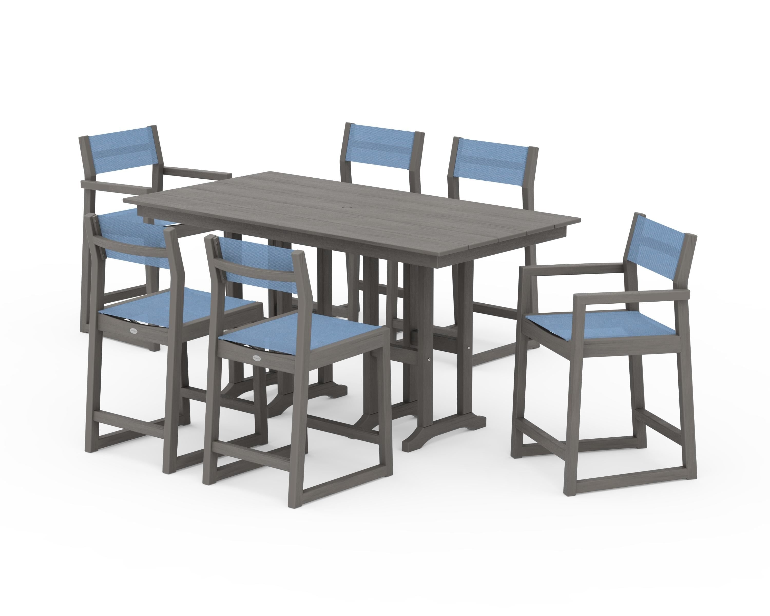 POLYWOOD EDGE Sling 7-Piece Farmhouse Counter Set with Trestle Legs in Driftwood / Poolside Sling