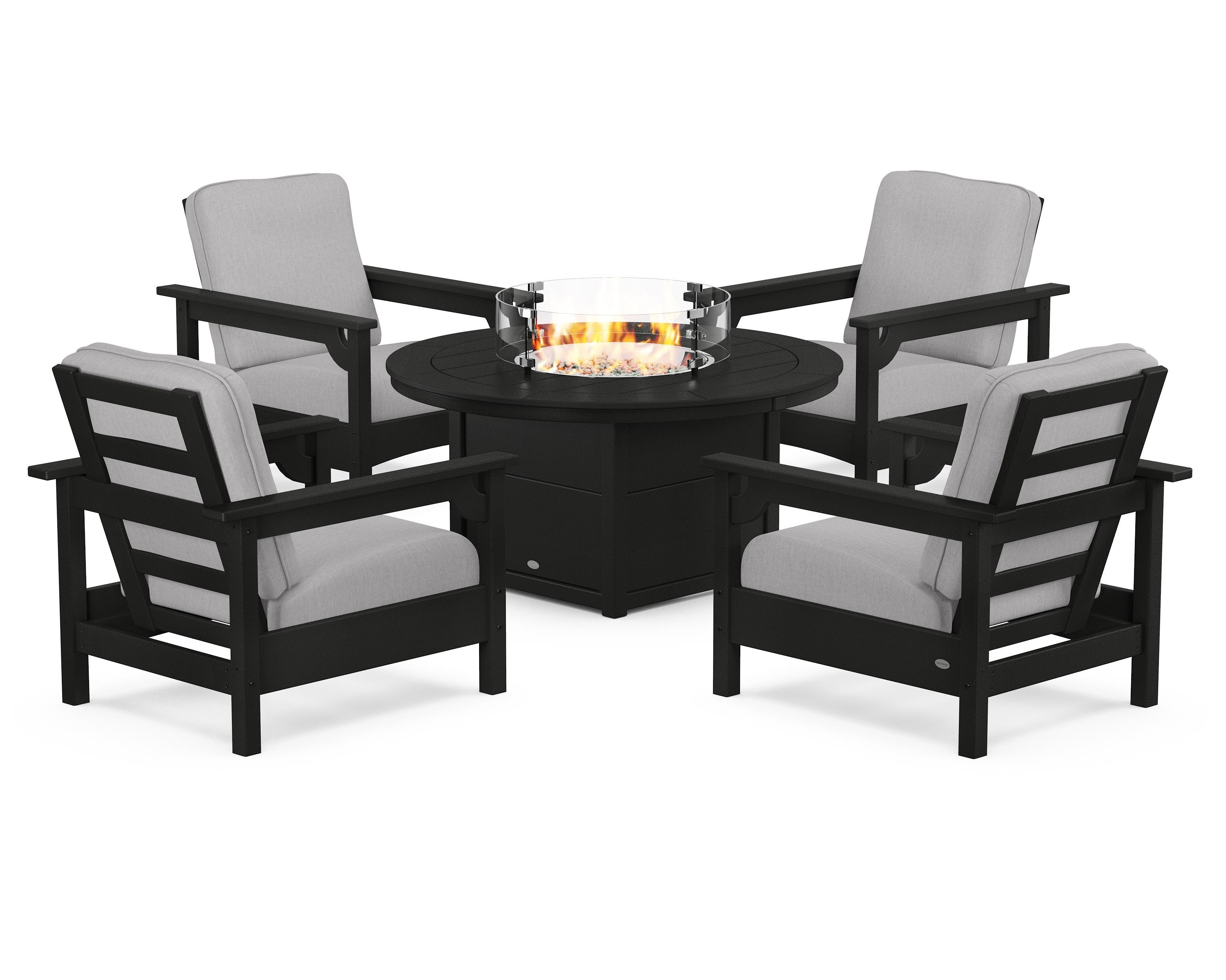 POLYWOOD Club 5-Piece Conversation Set with Fire Pit Table in Black / Granite