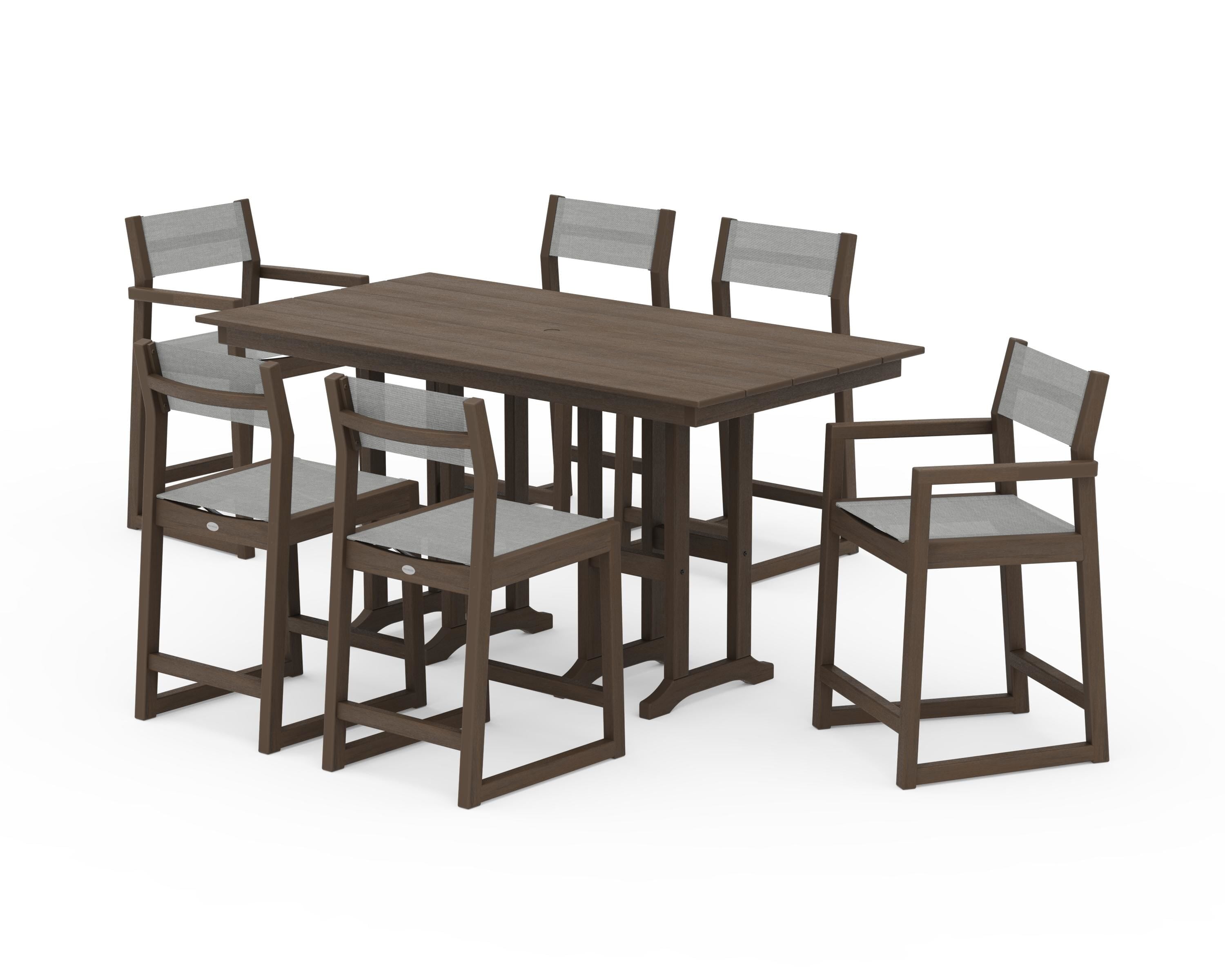 POLYWOOD EDGE Sling 7-Piece Farmhouse Counter Set with Trestle Legs in Kona / Metallic Sling