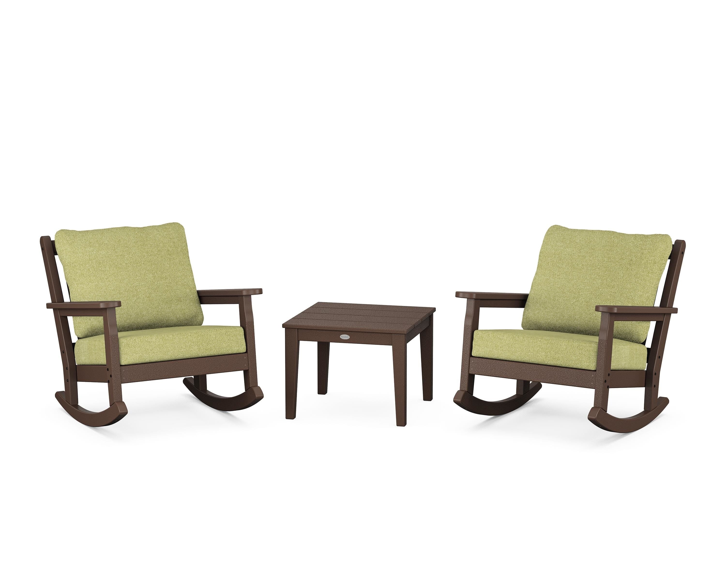 POLYWOOD Chippendale 3-Piece Deep Seating Rocker Set in Mahogany / Chartreuse Boucle