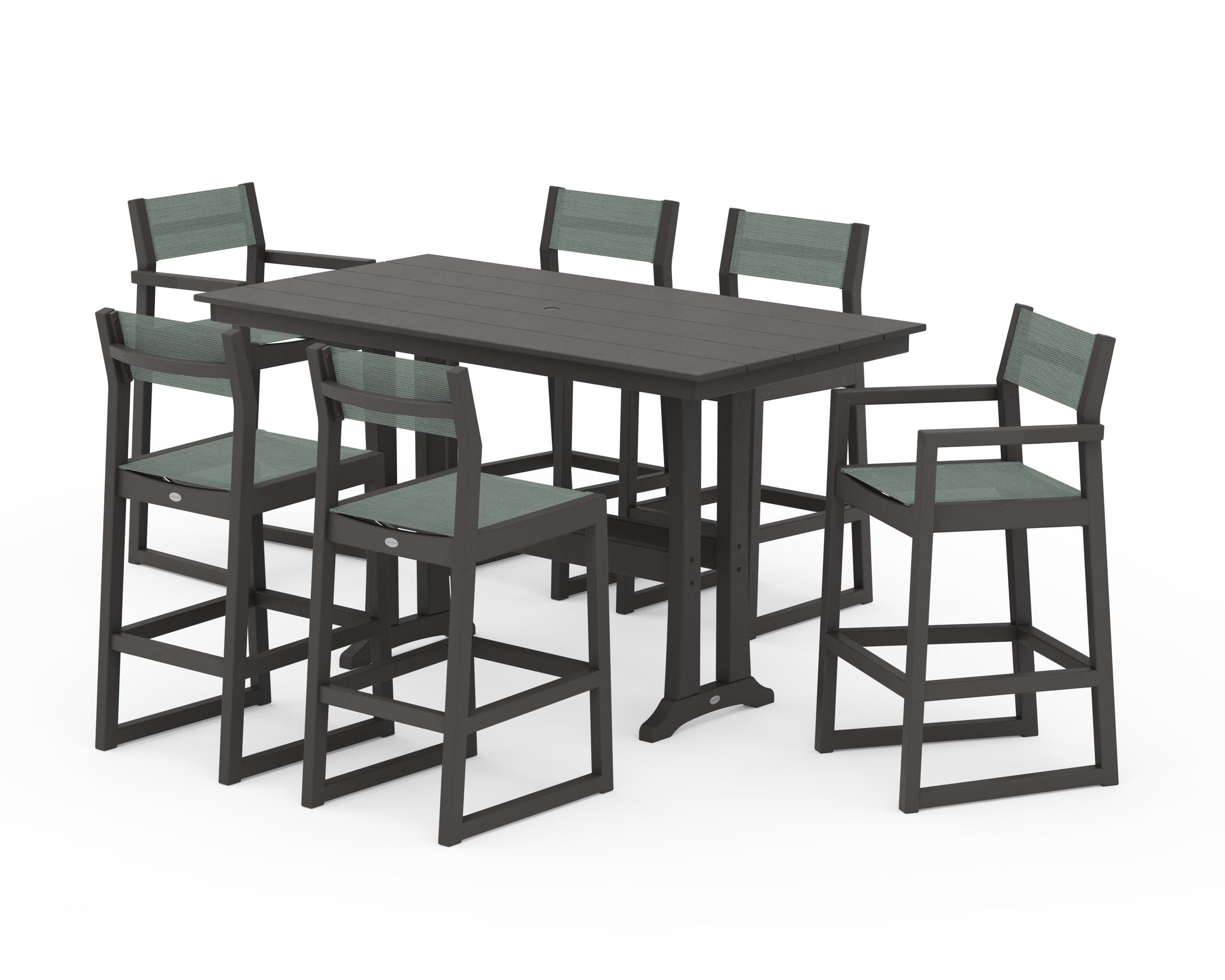 POLYWOOD EDGE Sling 7-Piece Farmhouse Bar Set with Trestle Legs in Vintage Coffee / Dupioni Sea Mist Sling