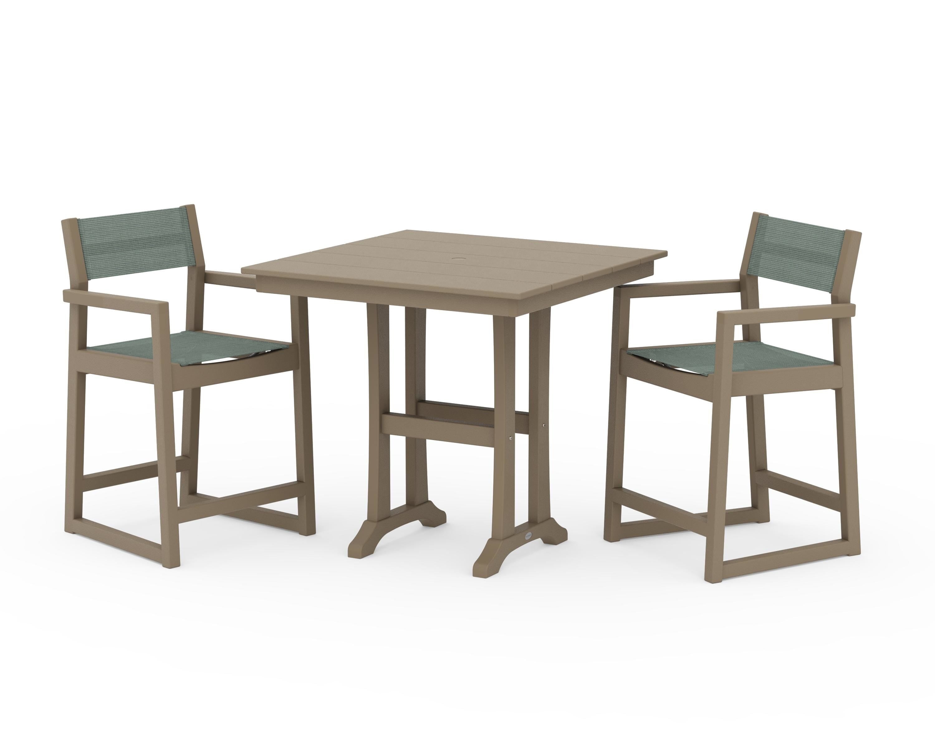 POLYWOOD EDGE Sling Arm Chair 3-Piece Farmhouse Counter Set with Trestle Legs in Vintage Sahara / Dupioni Sea Mist Sling