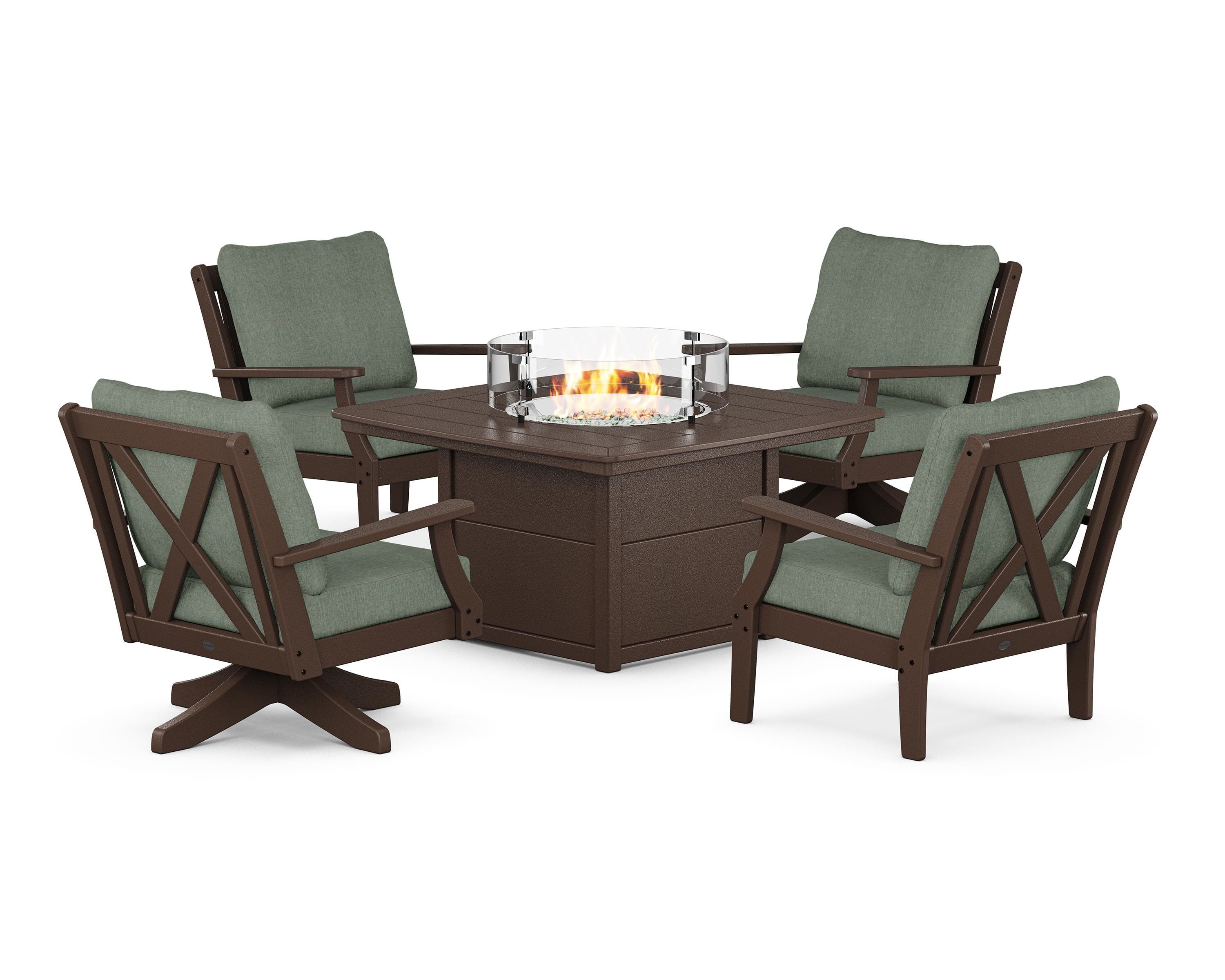 POLYWOOD Braxton 5-Piece Deep Seating Set with Fire Table in Mahogany / Cast Sage