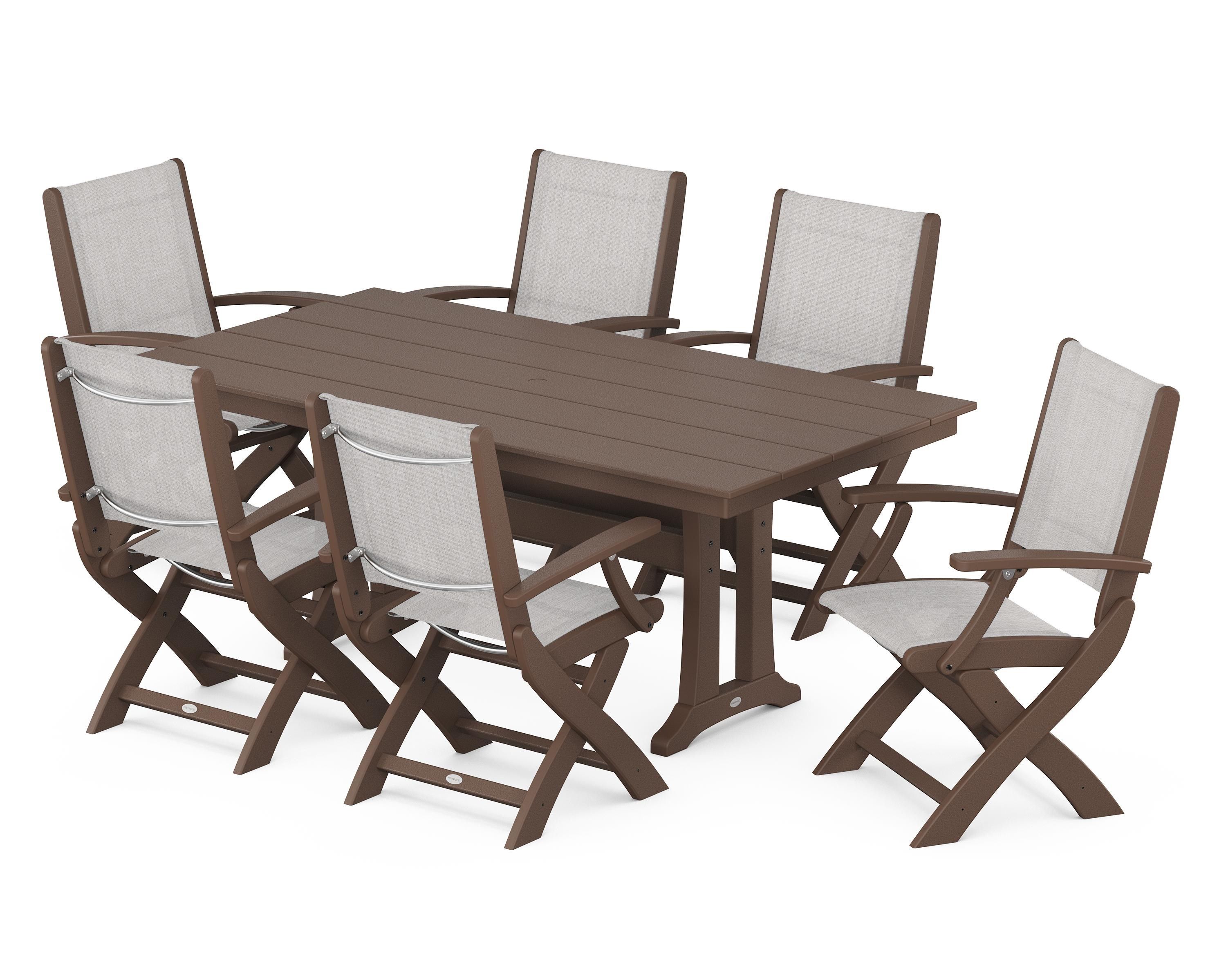 POLYWOOD Coastal Folding Arm Chair 7-Piece Farmhouse Dining Set with Trestle Legs in Mahogany / Parchment Sling