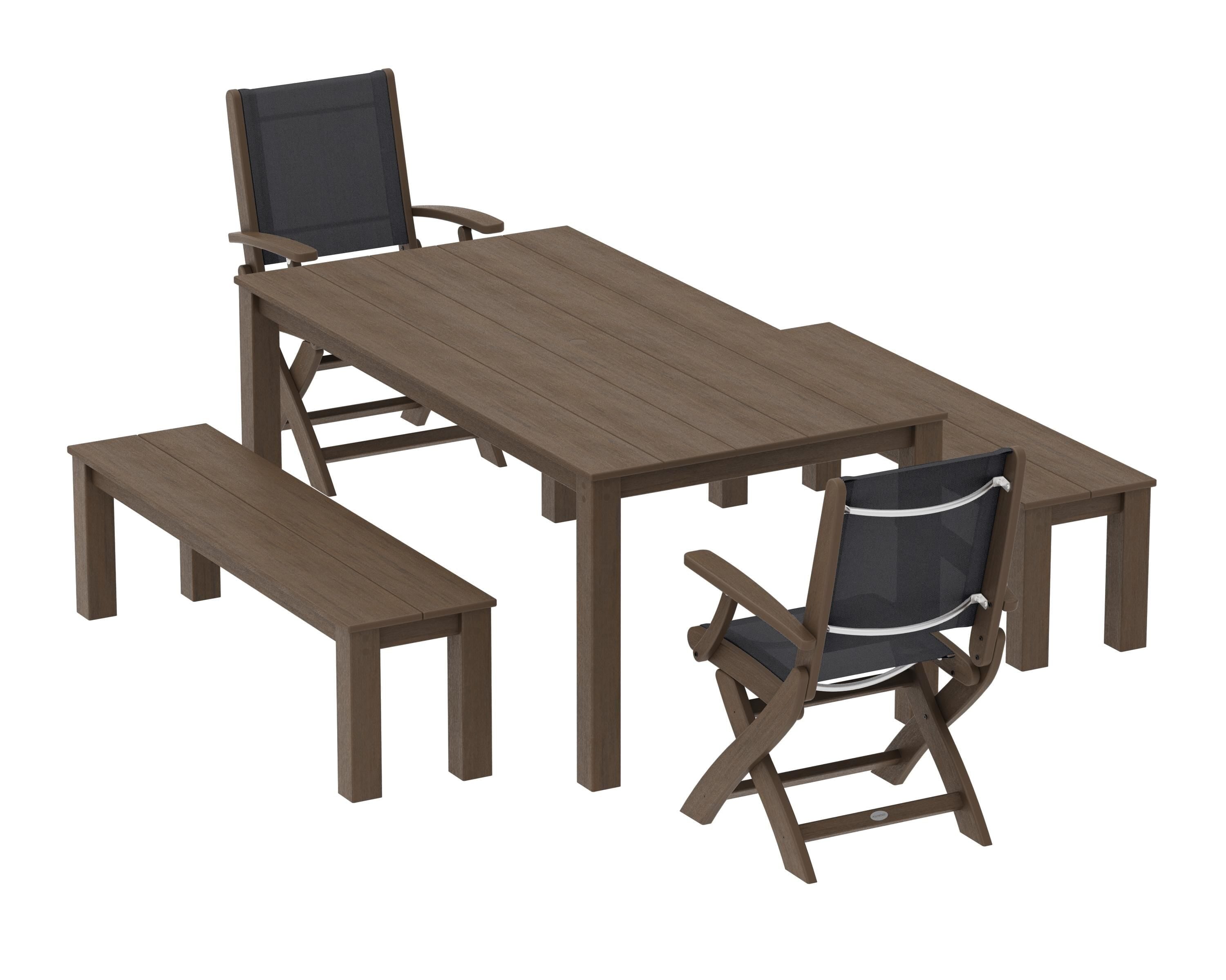 POLYWOOD Coastal Folding Chair 5-Piece Parsons Dining Set with Benches in Kona / Black Sling