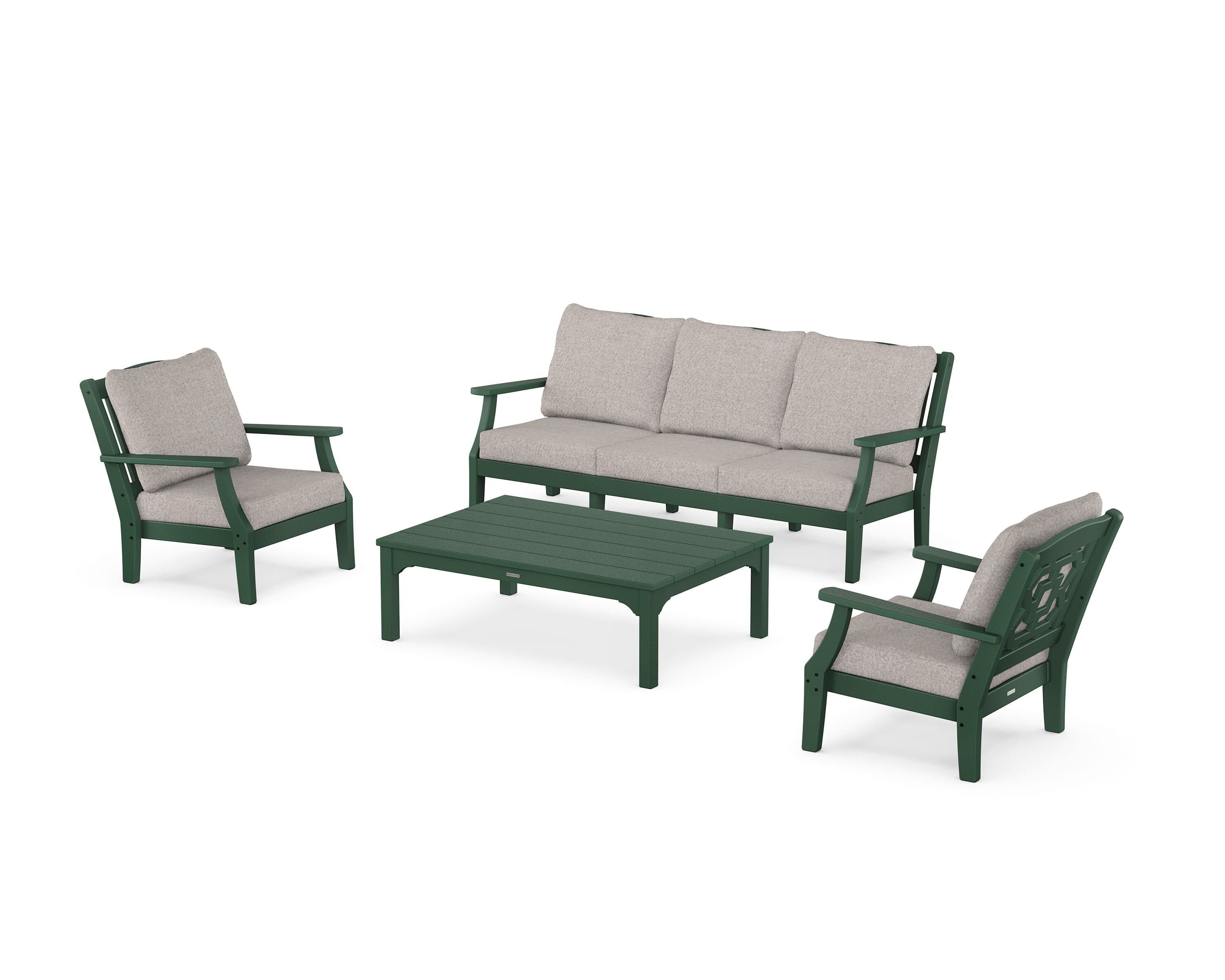 Martha Stewart by POLYWOOD Chinoiserie 4-Piece Deep Seating Set with Sofa in Green / Weathered Tweed