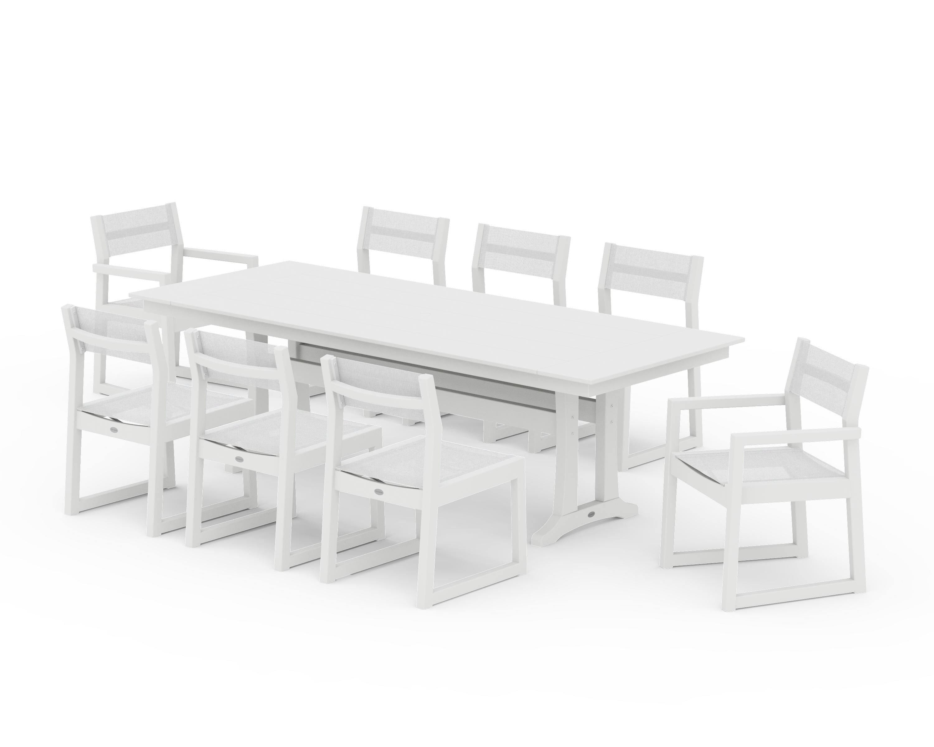 POLYWOOD EDGE Sling 9-Piece Farmhouse Trestle Dining Set in White / White Sling