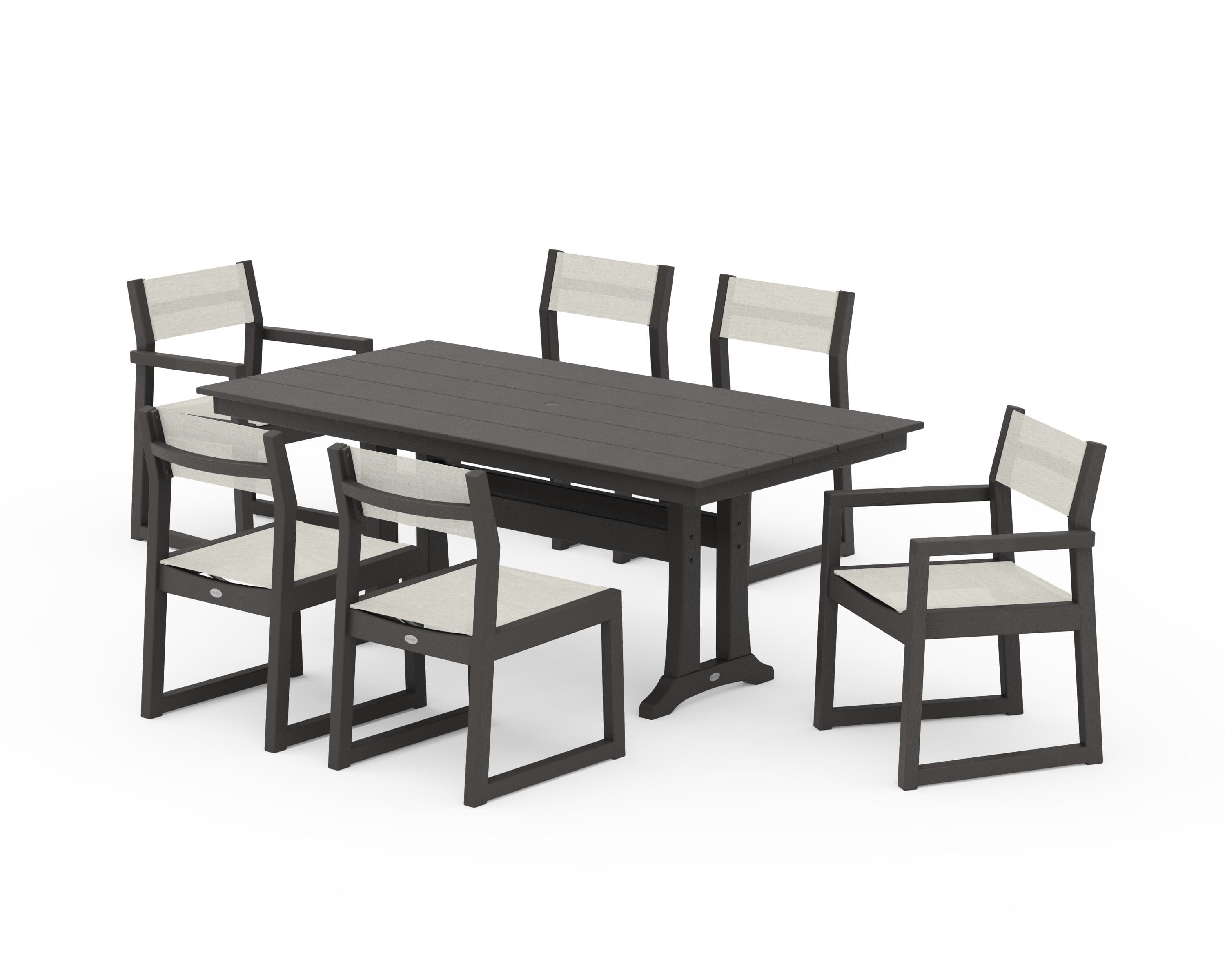 POLYWOOD EDGE Sling 7-Piece Farmhouse Trestle Dining Set in Vintage Coffee / Parchment Sling