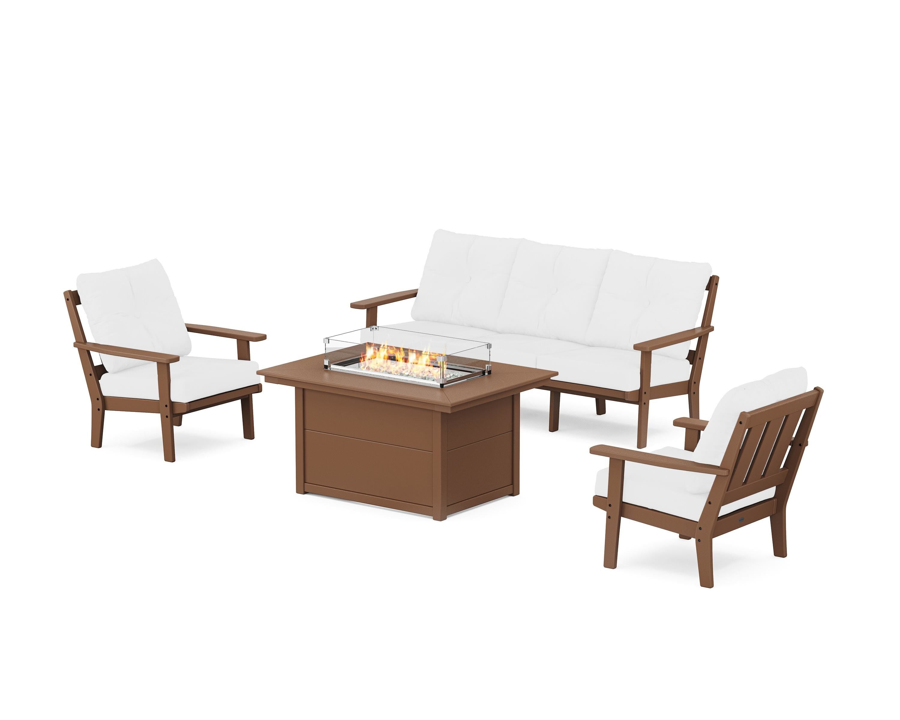 POLYWOOD Oxford Deep Seating Fire Pit Table Set in Teak / Natural