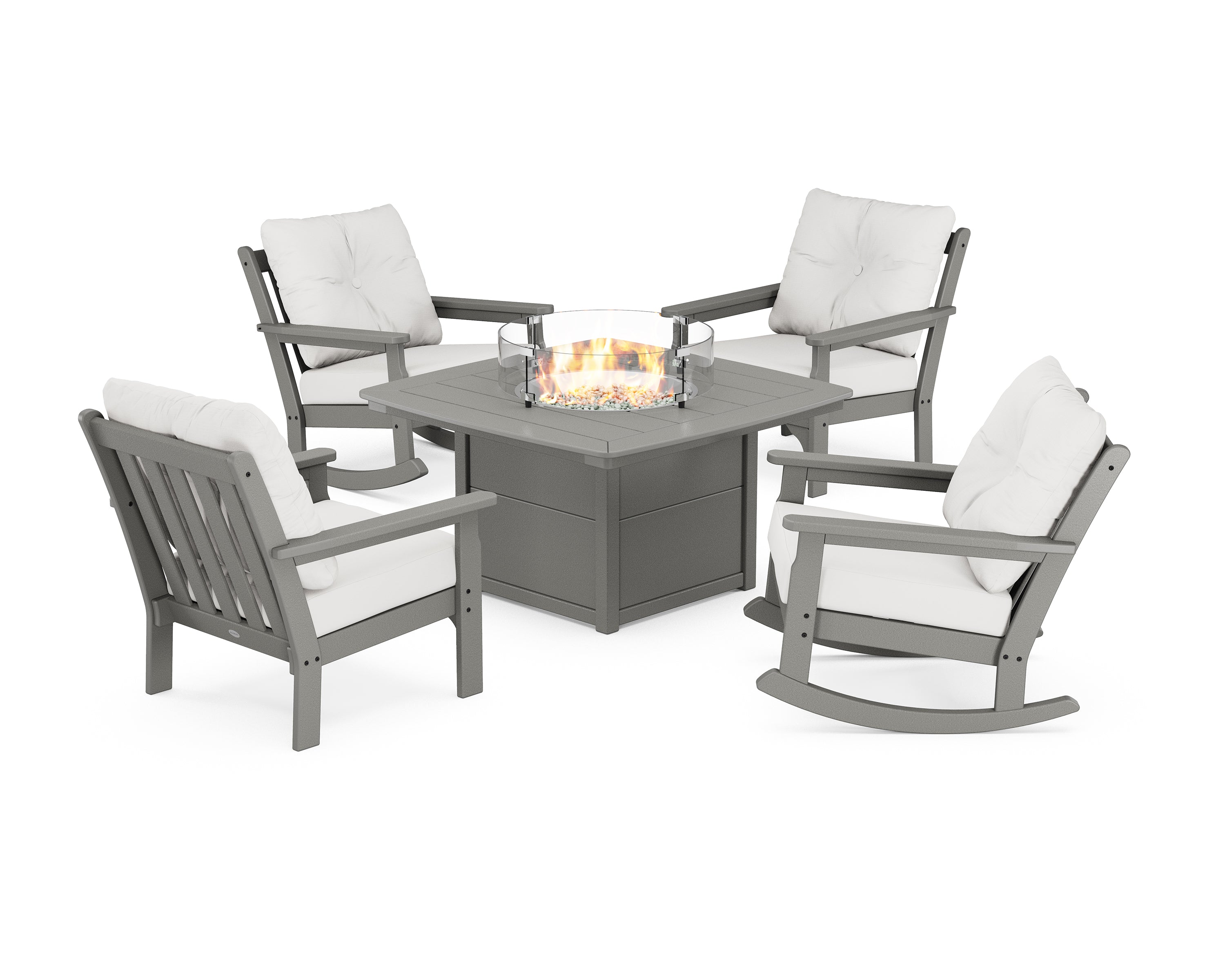 POLYWOOD Vineyard 5-Piece Deep Seating Rocking Chair Conversation Set with Fire Pit Table in Slate Grey / Natural Linen