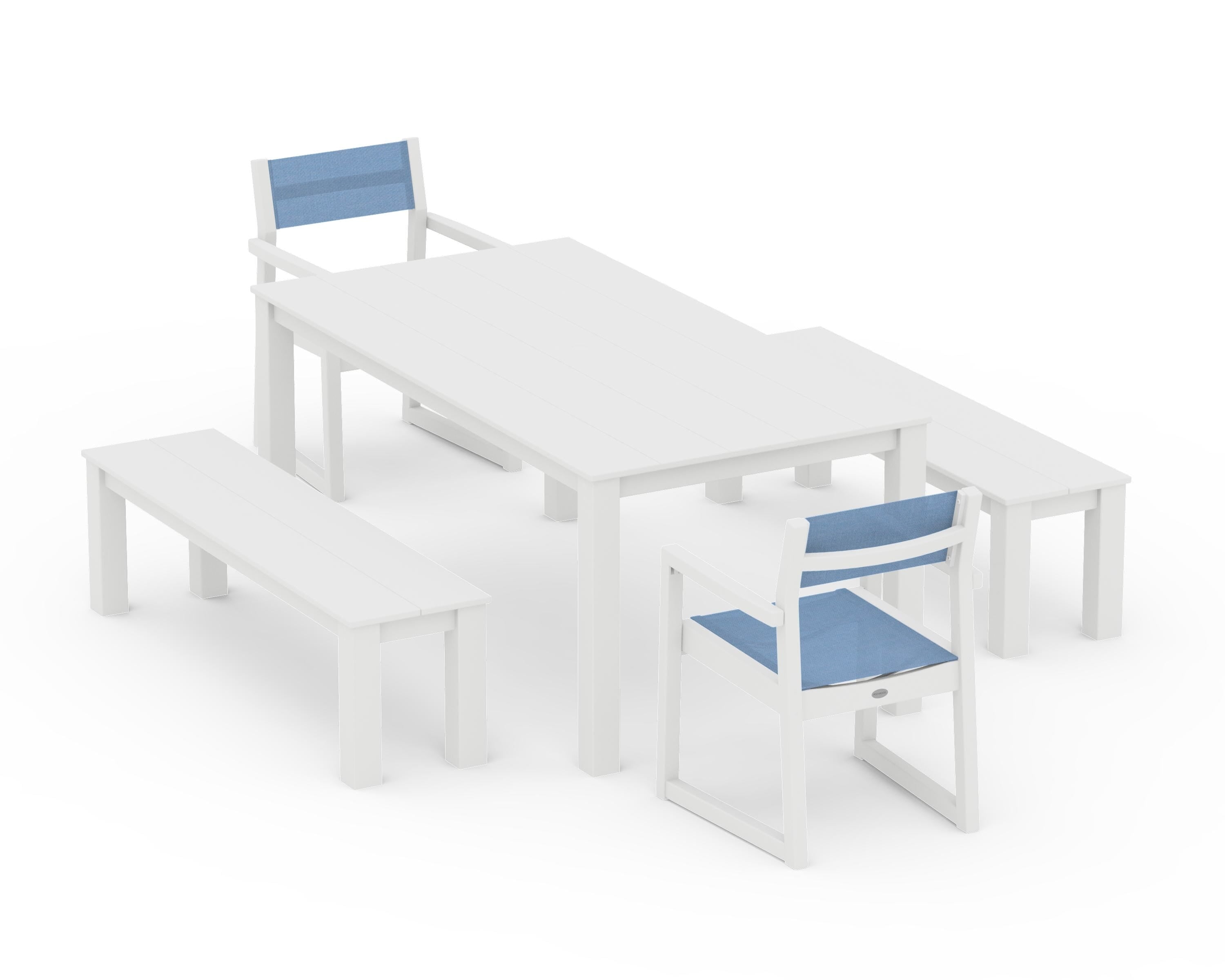 POLYWOOD EDGE Sling Arm Chair 5-Piece Parsons Dining Set with Benches in White / Poolside Sling