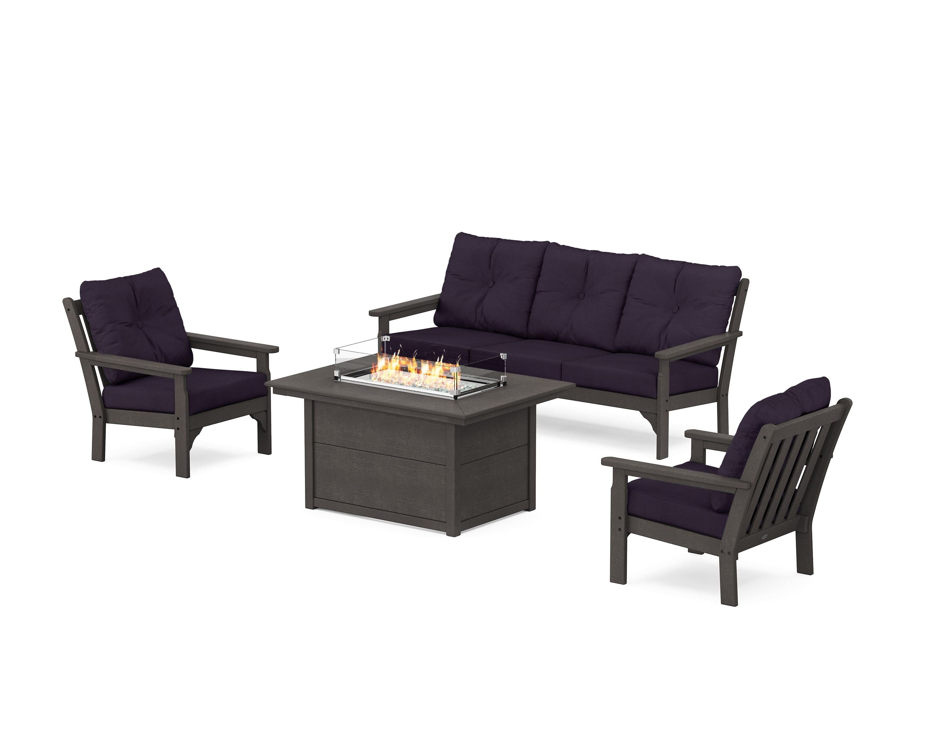 POLYWOOD Vineyard Deep Seating Fire Pit Table Set in Vintage Coffee / Navy Linen