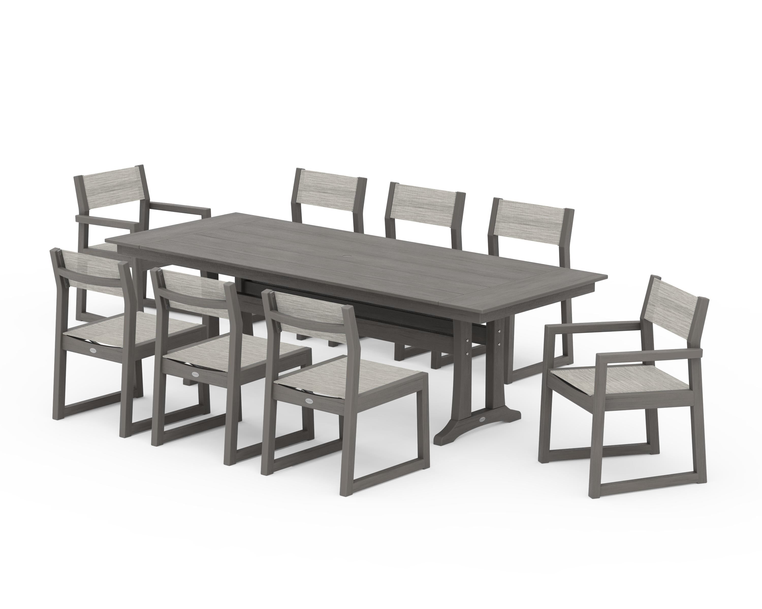 POLYWOOD EDGE Sling 9-Piece Farmhouse Trestle Dining Set in Driftwood / Birch Sling