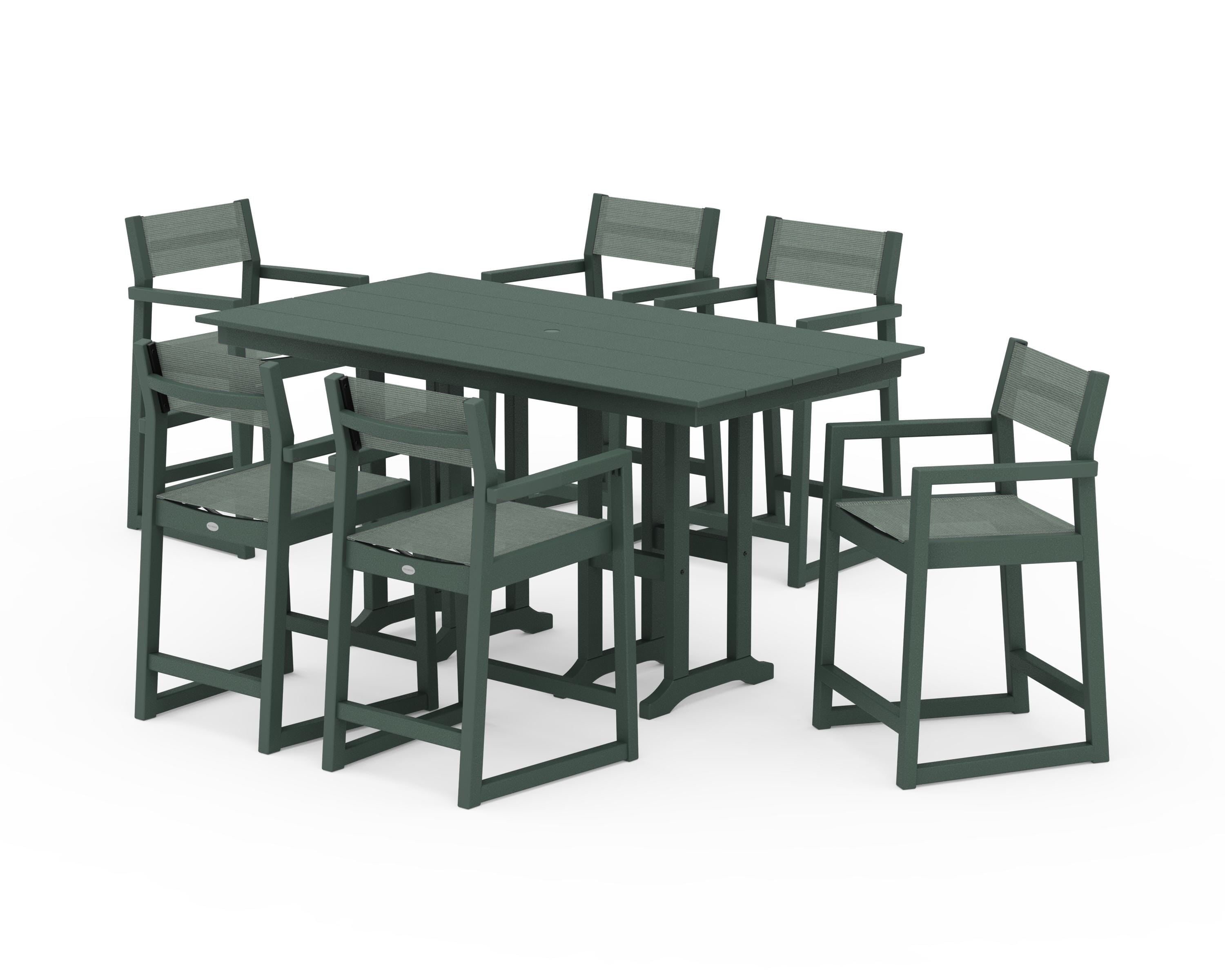 POLYWOOD EDGE Sling Arm Chair 7-Piece Farmhouse Counter Set in Green / Dupioni Sea Mist Sling