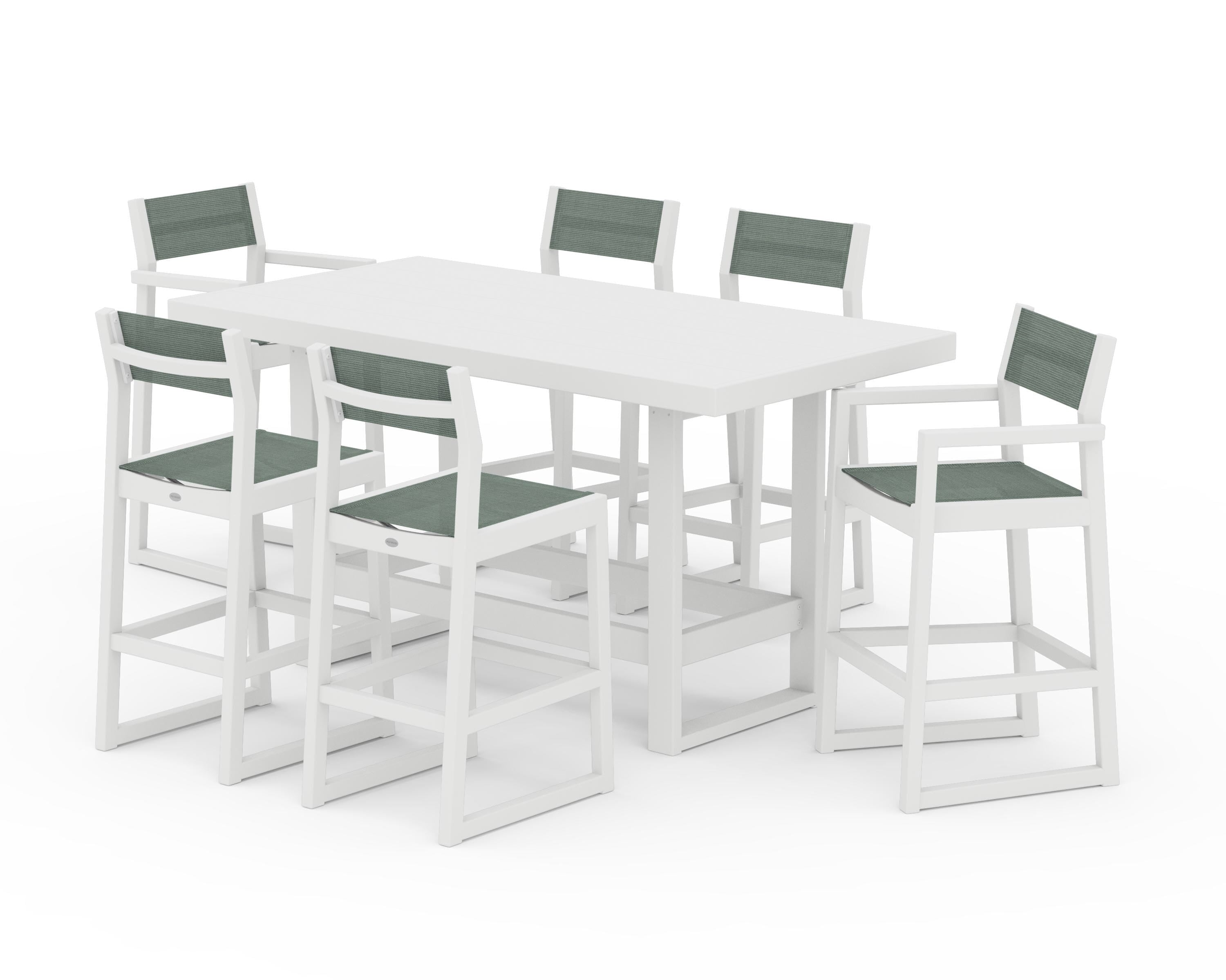POLYWOOD EDGE Sling 7-Piece Bar Table Set in White / Dupioni Sea Mist Sling