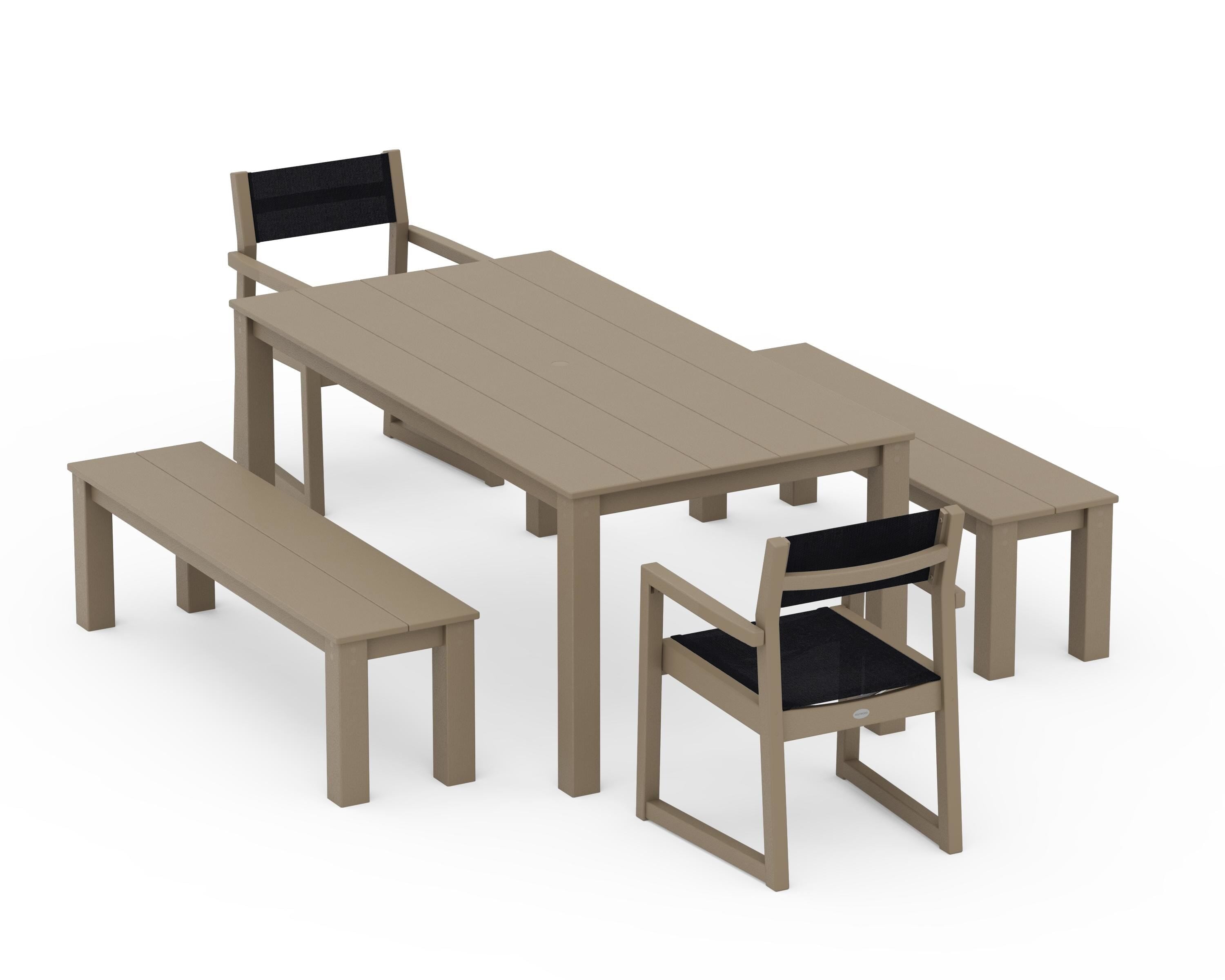 POLYWOOD EDGE Sling Arm Chair 5-Piece Parsons Dining Set with Benches in Vintage Sahara / Black Sling