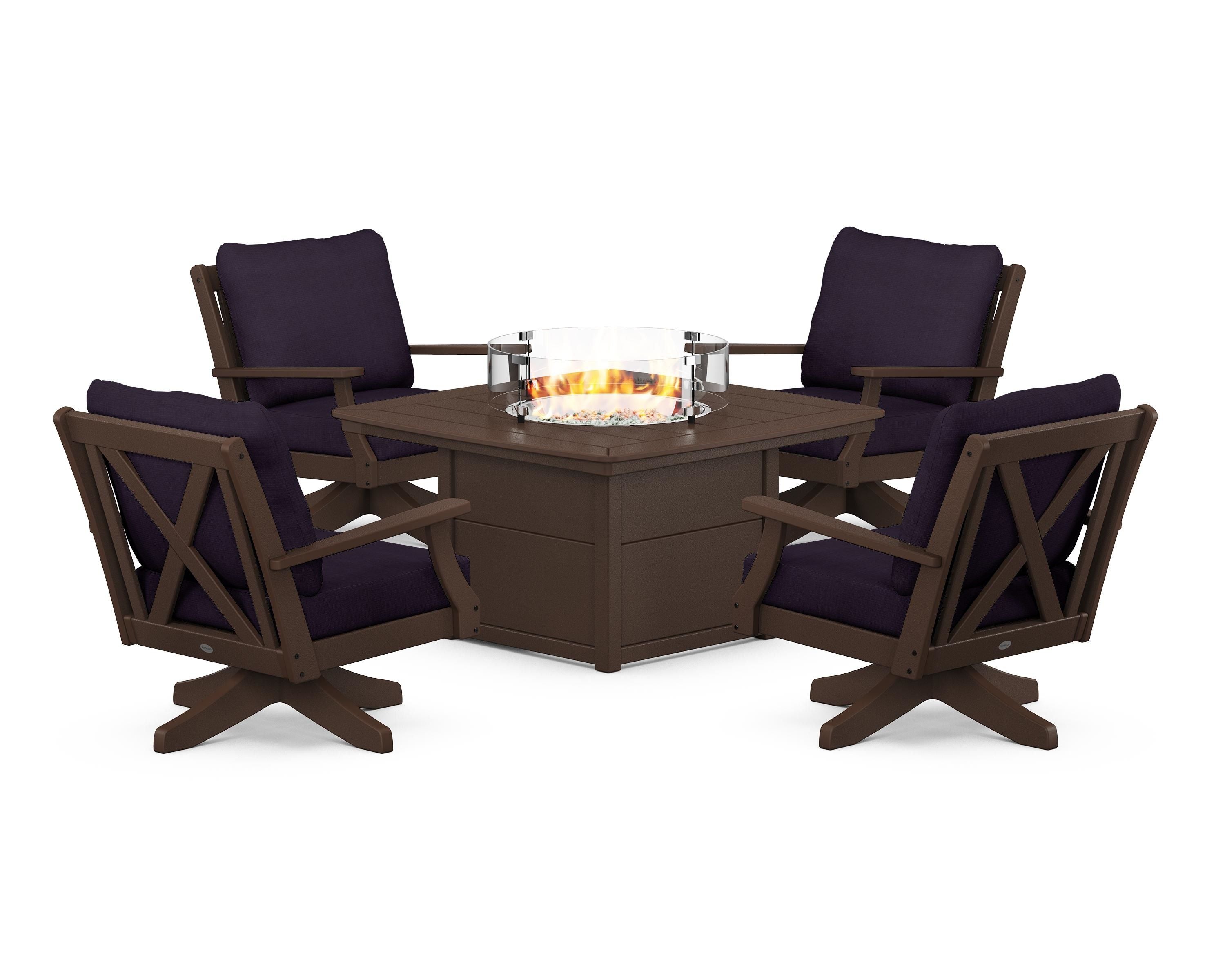 POLYWOOD Braxton 5-Piece Deep Seating Swivel Conversation Set with Fire Pit Table in Mahogany / Navy Linen