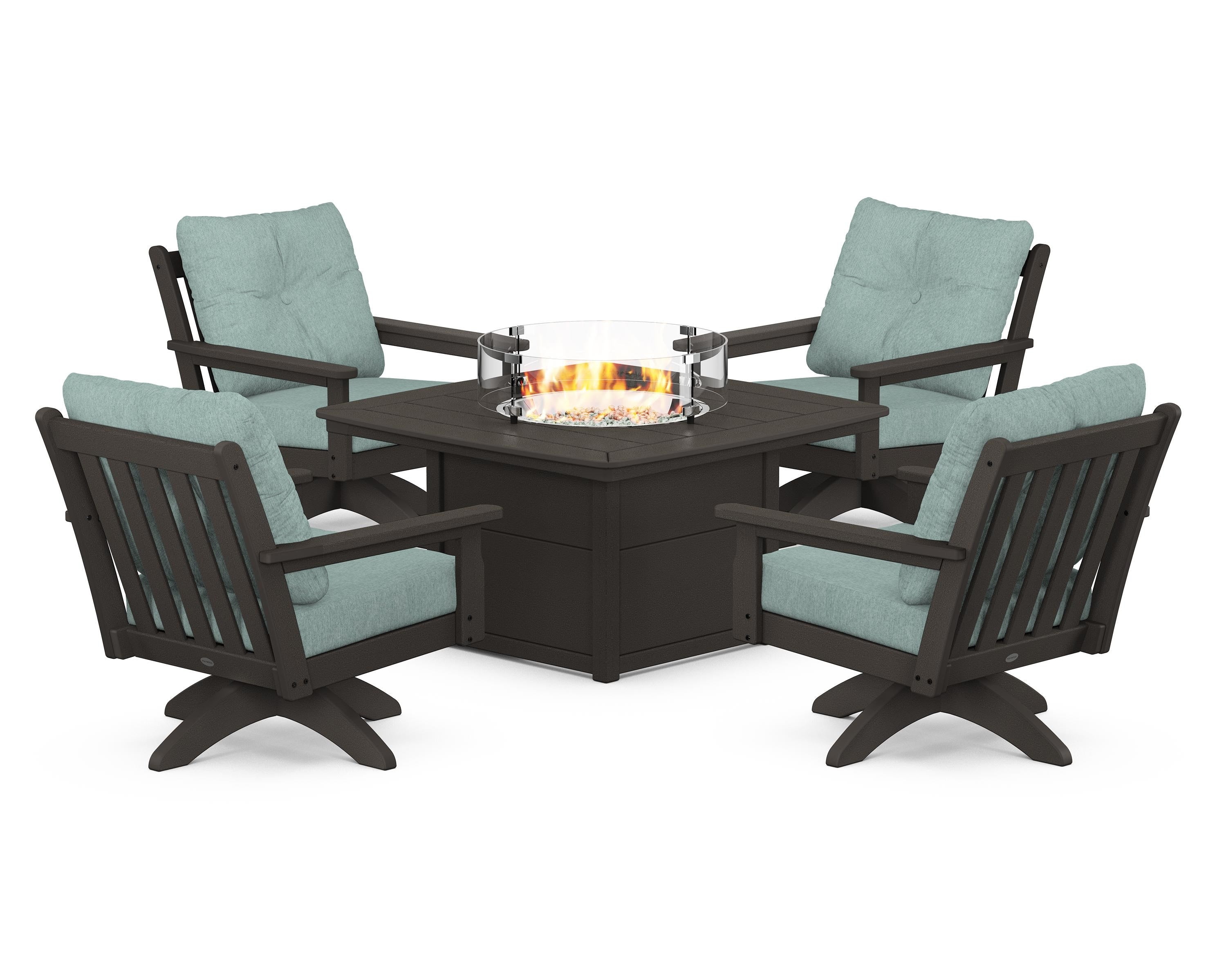 POLYWOOD Vineyard 5-Piece Deep Seating Swivel Conversation Set with Fire Pit Table in Vintage Coffee / Glacier Spa