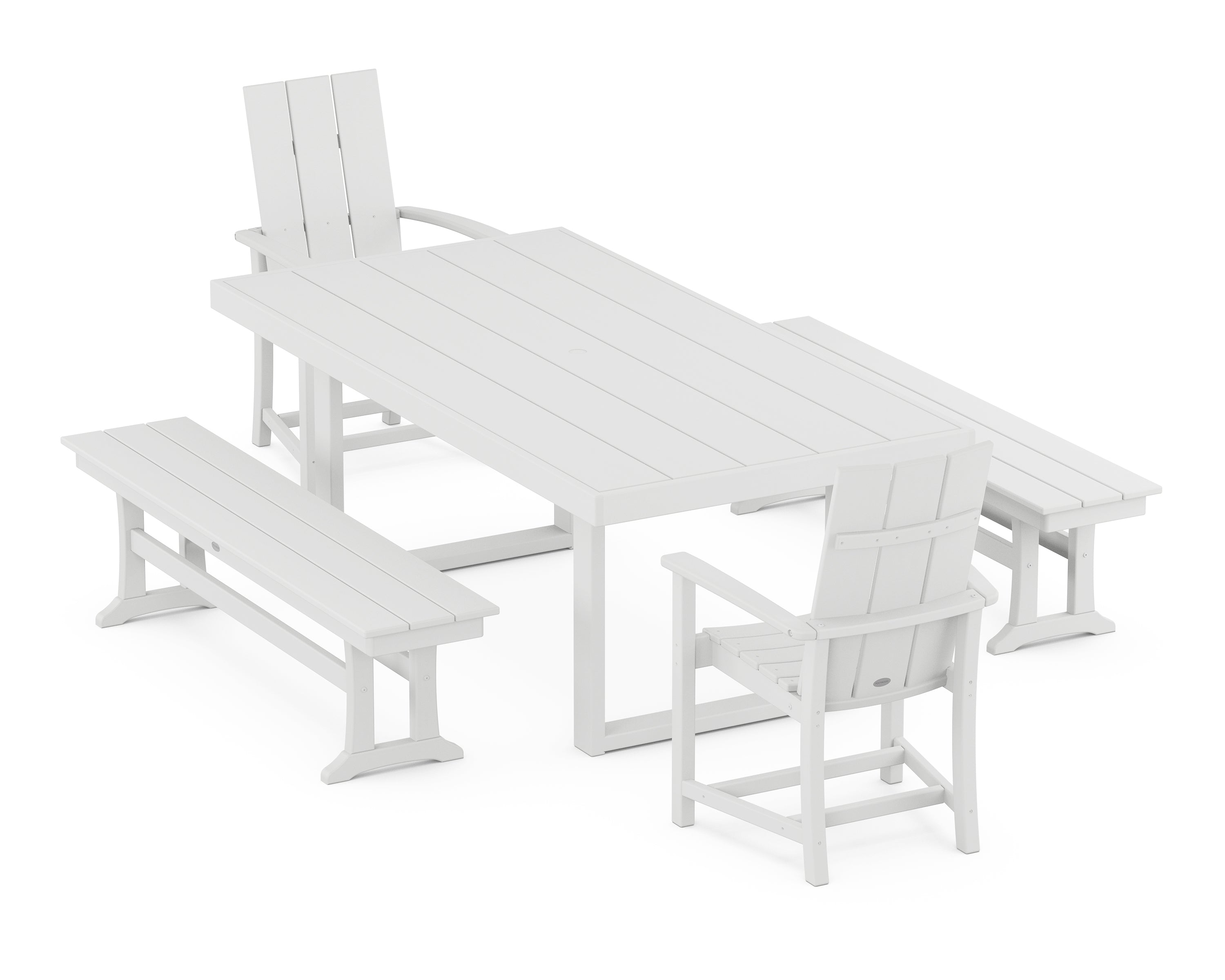 POLYWOOD® Modern Adirondack 5-Piece Dining Set with Benches in White