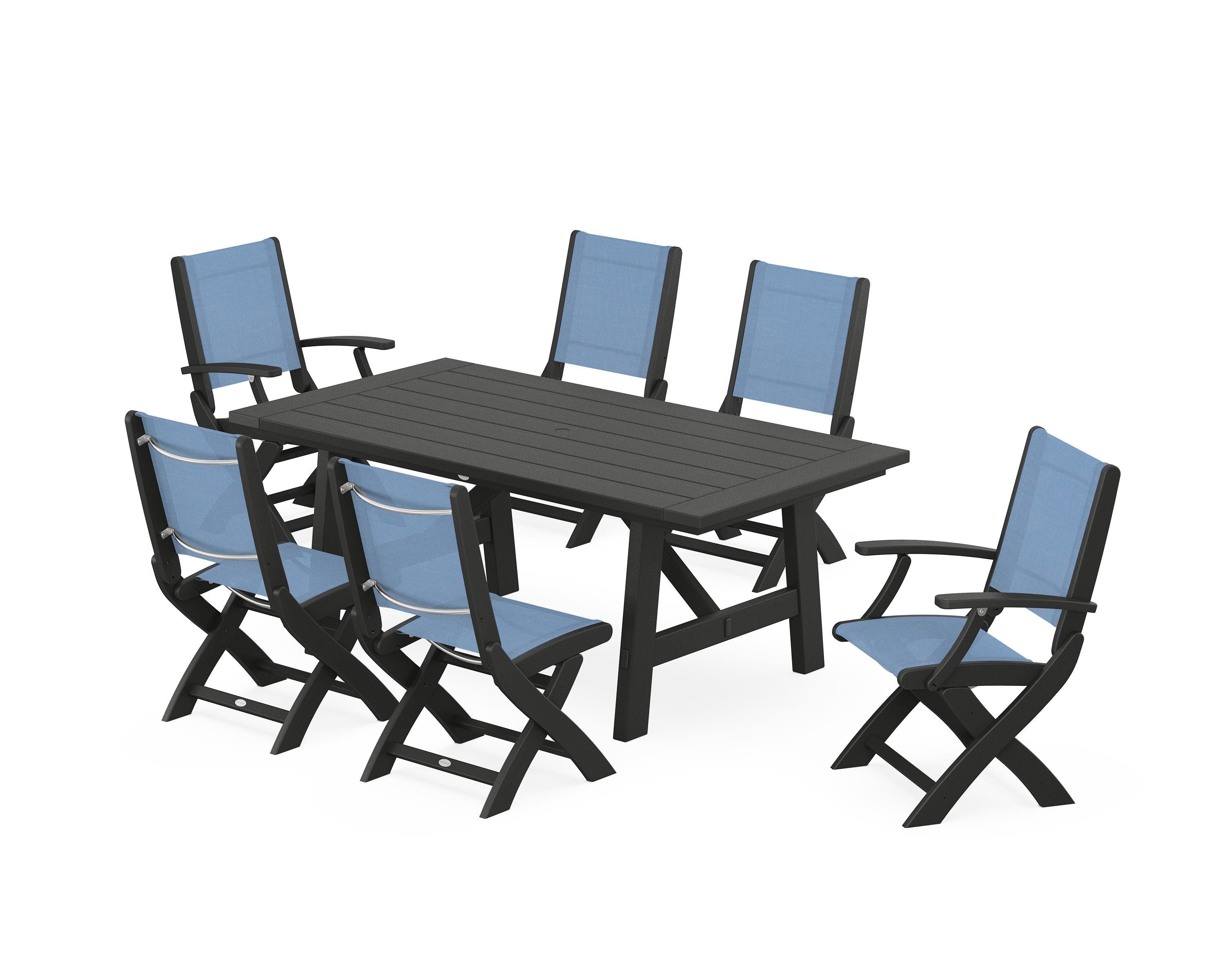 POLYWOOD Coastal Folding Chair 7-Piece Rustic Farmhouse Dining Set in Black / Poolside Sling