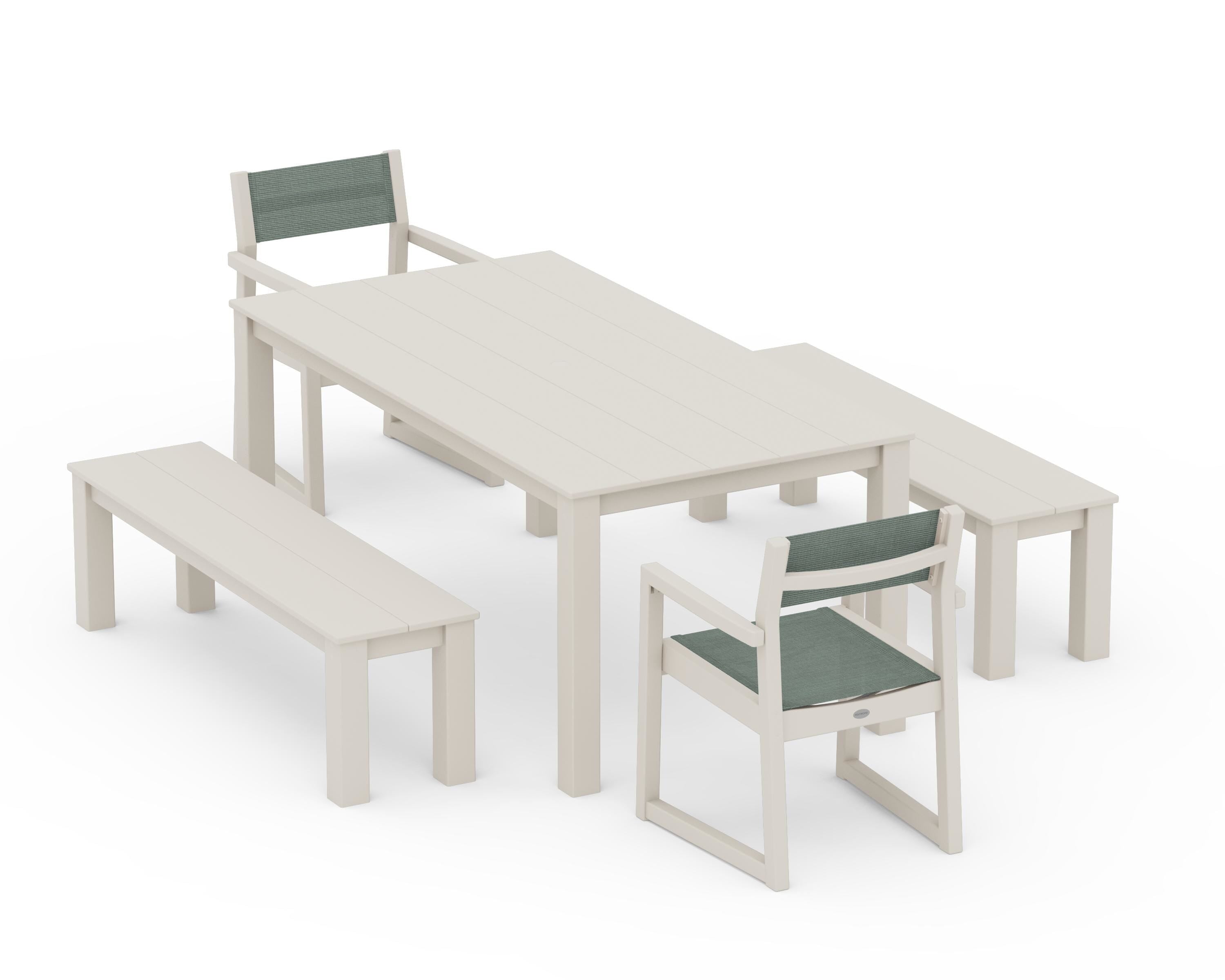 POLYWOOD EDGE Sling Arm Chair 5-Piece Parsons Dining Set with Benches in Sand / Dupioni Sea Mist Sling