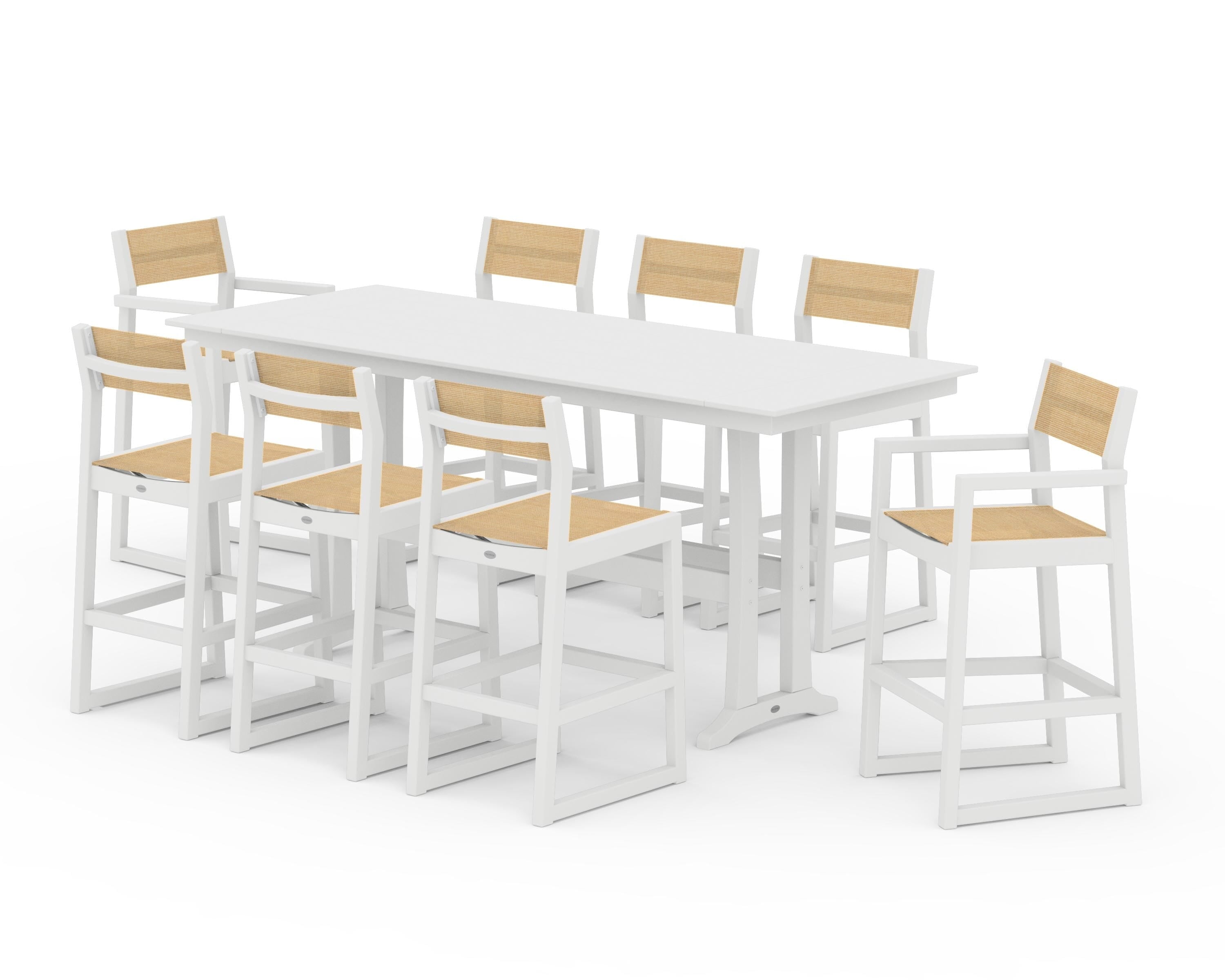 POLYWOOD EDGE Sling 9-Piece Farmhouse Bar Set with Trestle Legs in White / Dupioni Apricot Sling