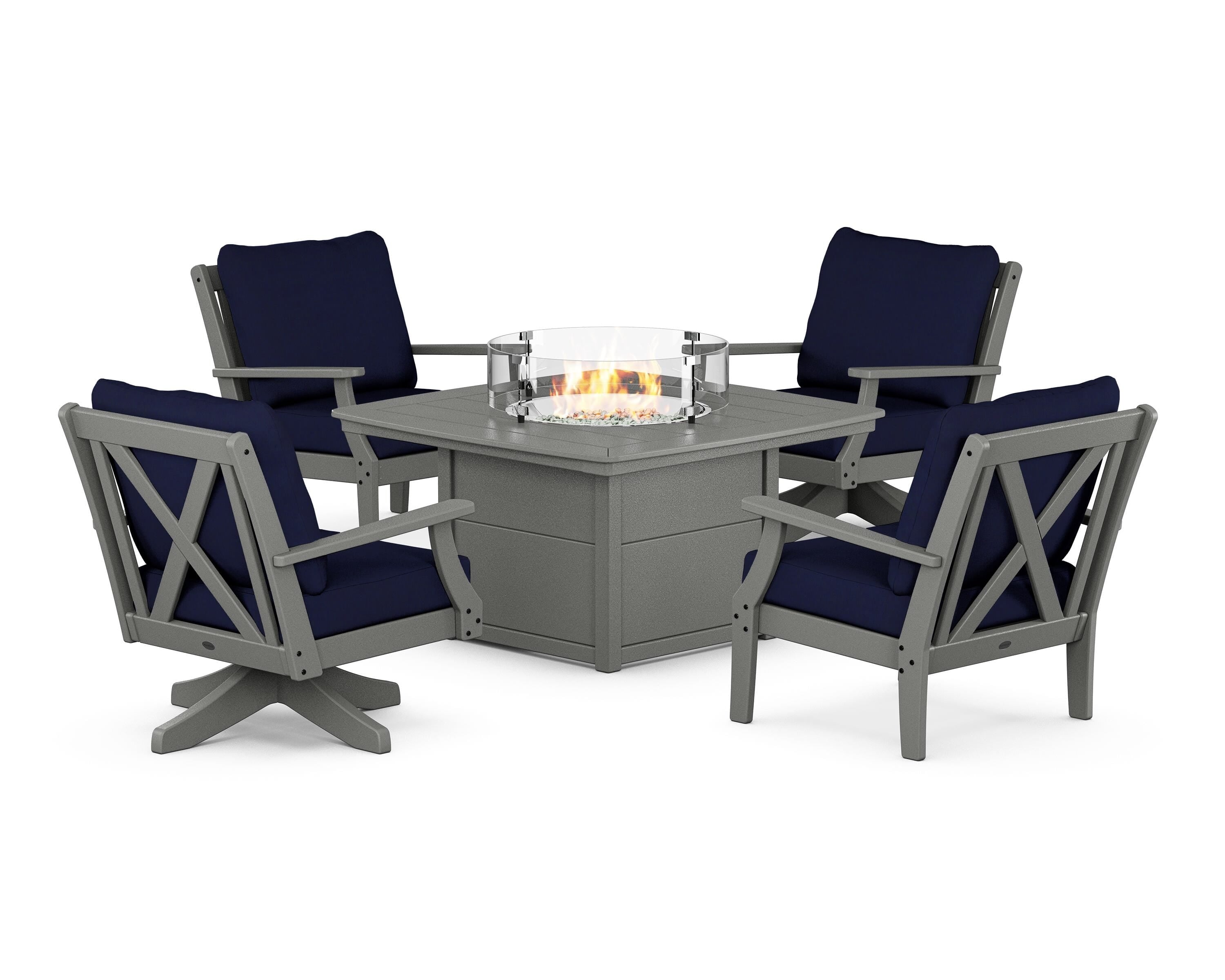 POLYWOOD Braxton 5-Piece Deep Seating Set with Fire Table in Slate Grey / Navy