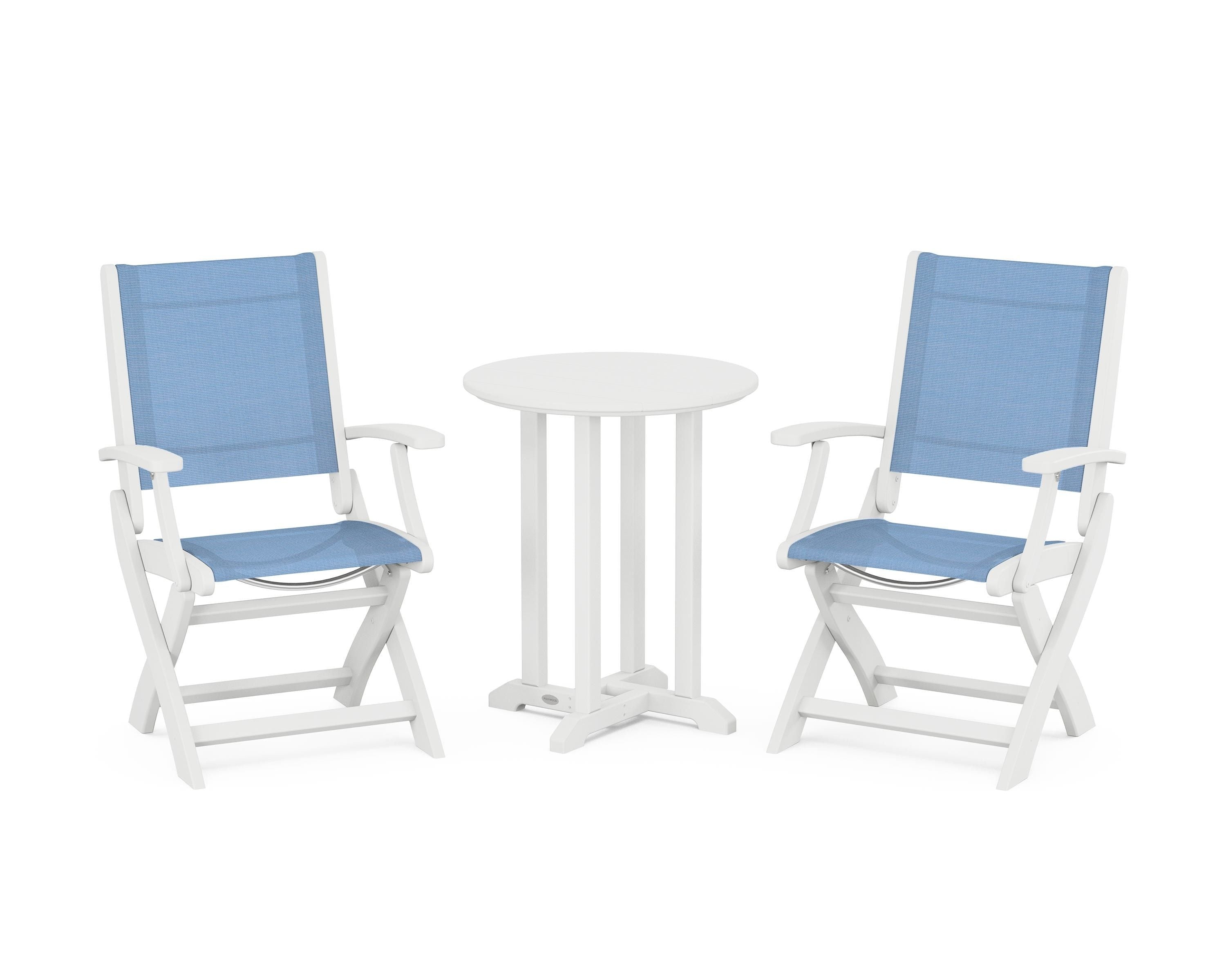 POLYWOOD Coastal Folding 3-Piece Round Bistro Dining Set in White / Poolside Sling