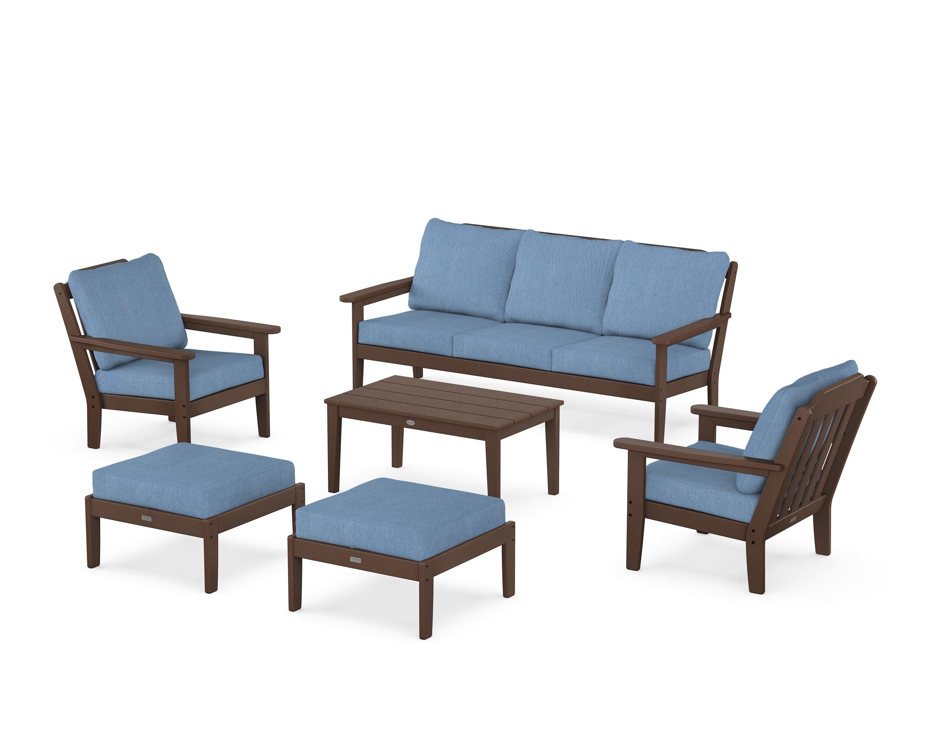 Country Living Cottage 6-Piece Lounge Sofa Set in Mahogany / Sky Blue