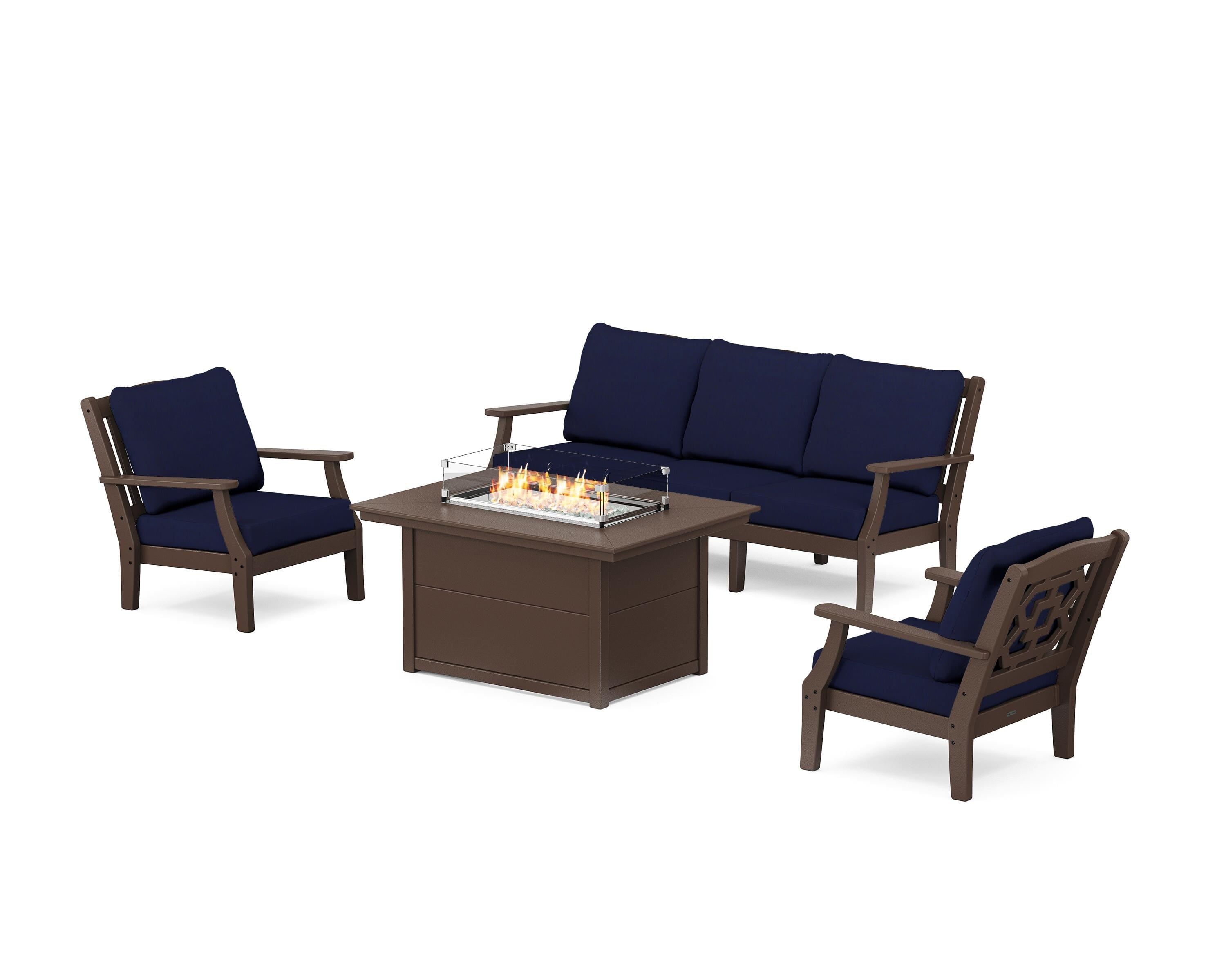 Martha Stewart by POLYWOOD Chinoiserie Deep Seating Fire Pit Table Set in Mahogany / Navy