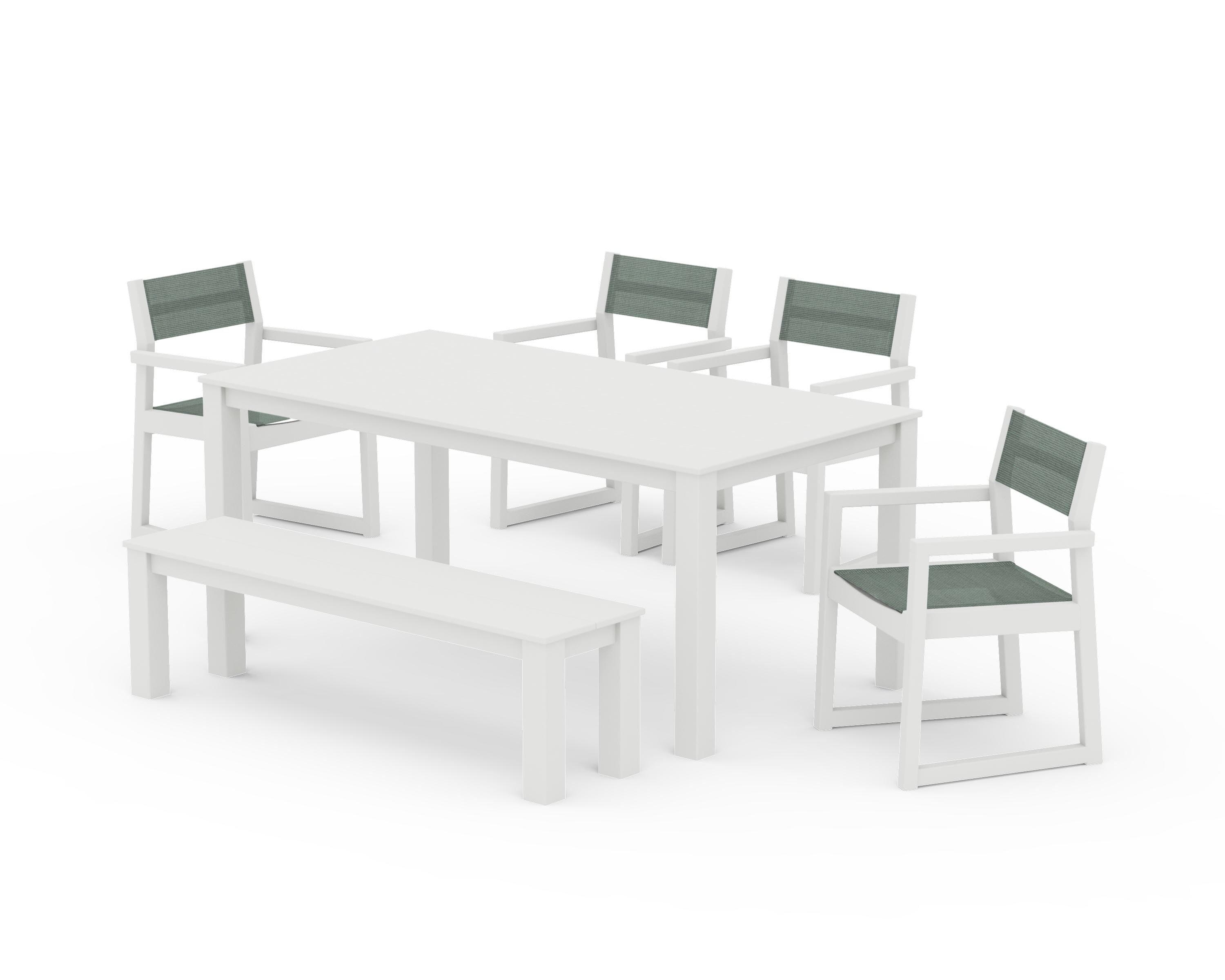 POLYWOOD EDGE Sling Arm Chair 6-Piece Parsons Dining Set with Bench in Vintage White / Dupioni Sea Mist Sling
