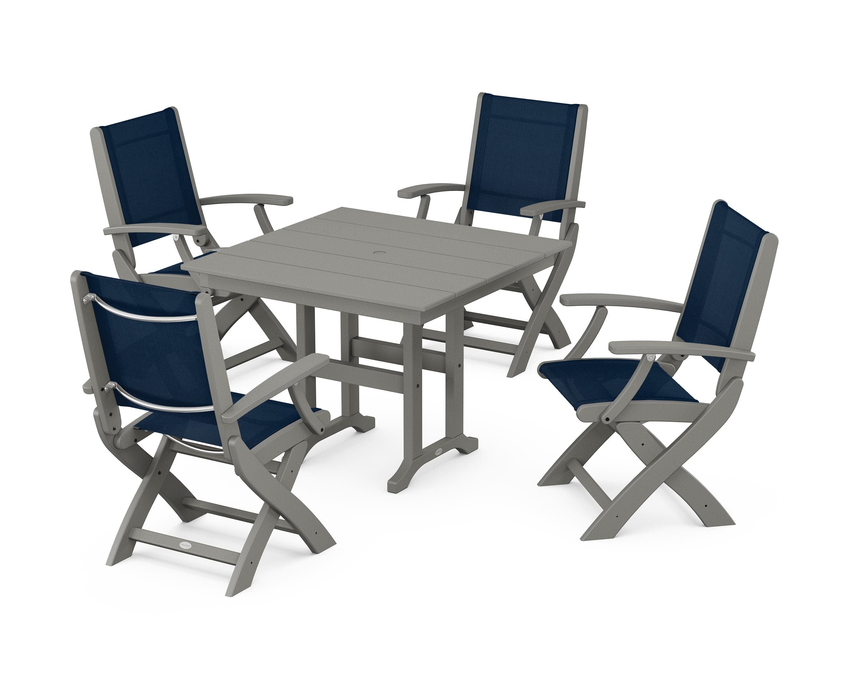 POLYWOOD Coastal Folding Chair 5-Piece Farmhouse Dining Set in Slate Grey / Navy Blue Sling