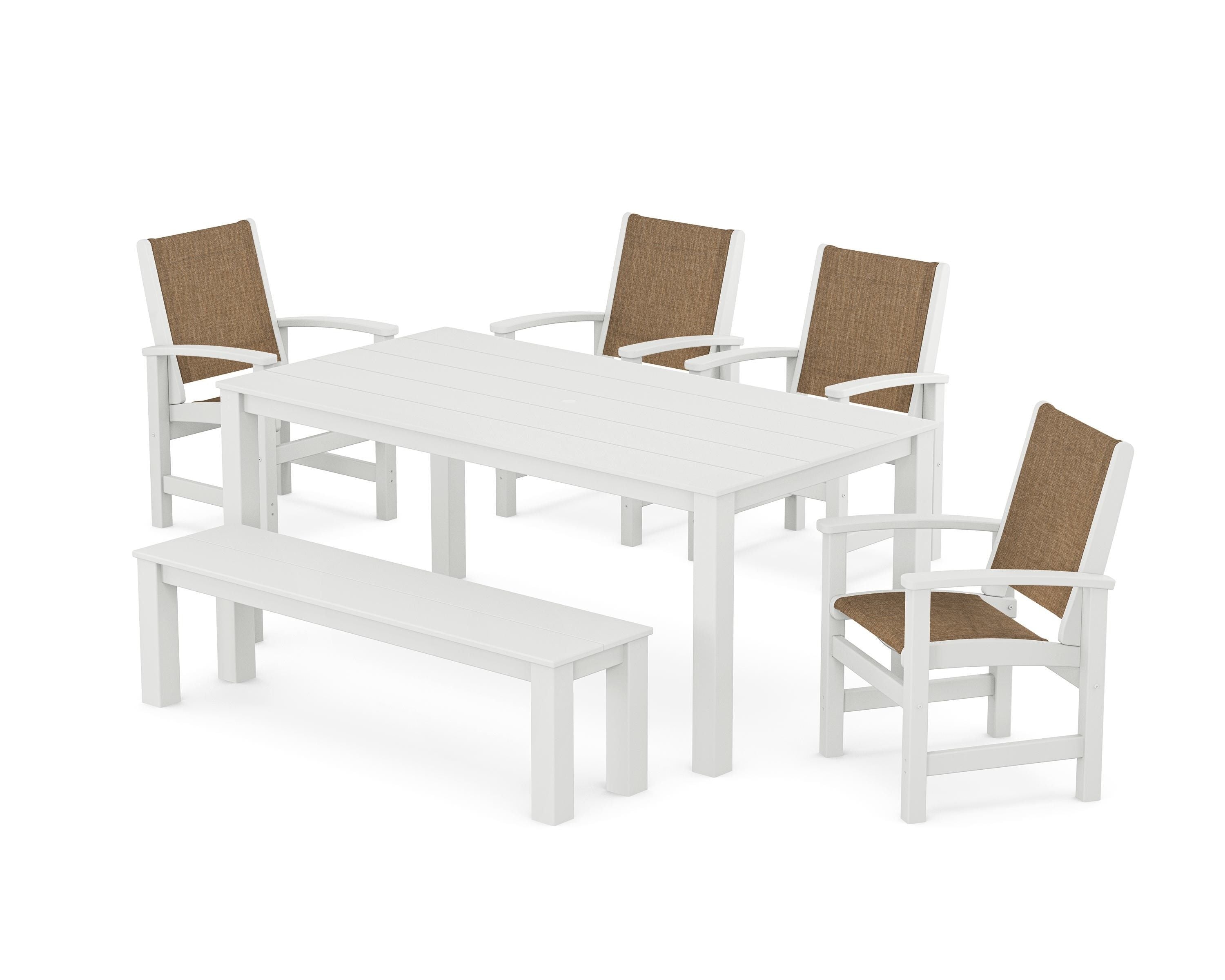 POLYWOOD Coastal 6-Piece Parsons Dining Set with Bench in White / Burlap Sling