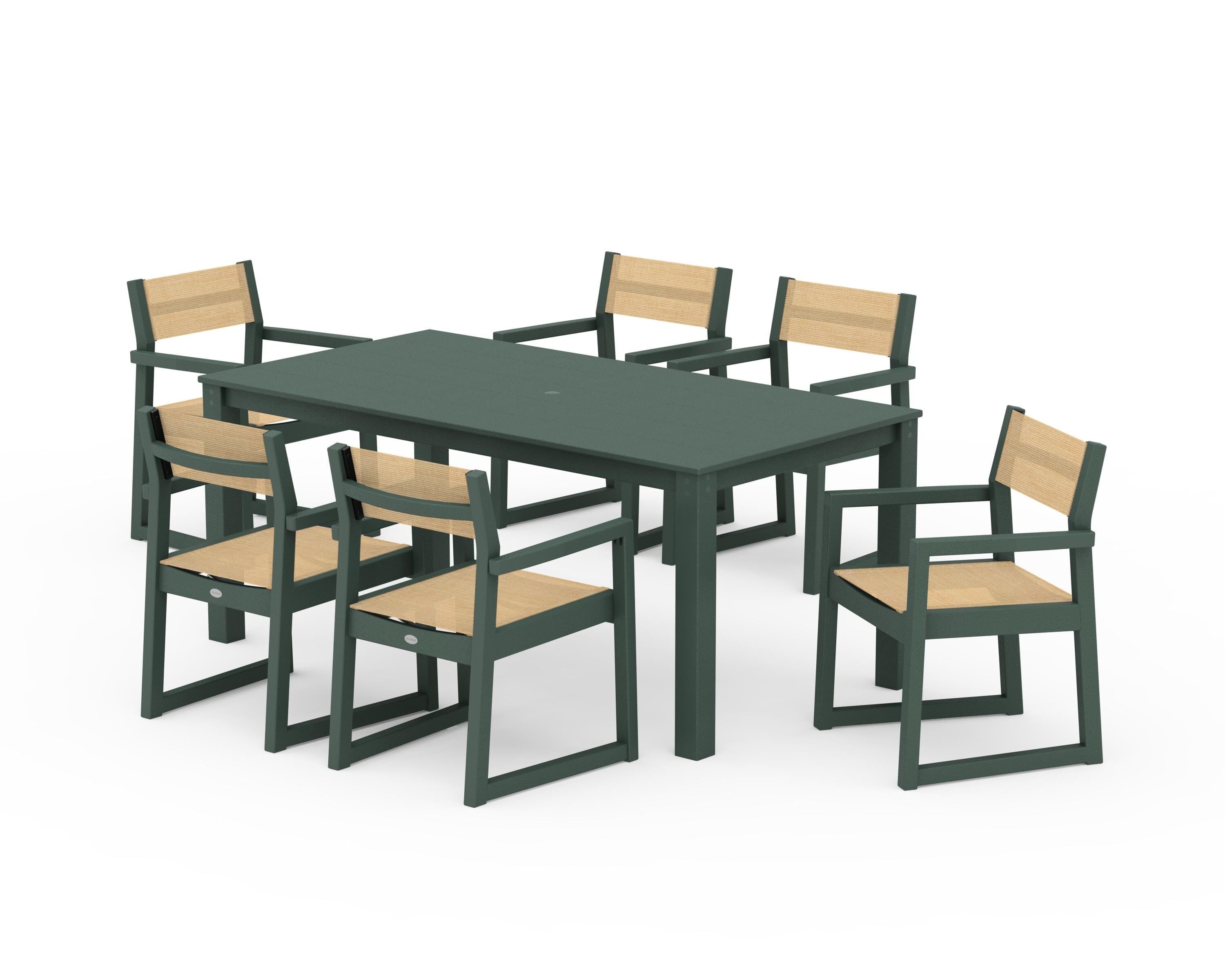 POLYWOOD EDGE Sling Arm Chair 7-Piece Parsons Dining Set in Green / Dupioni Apricot Sling