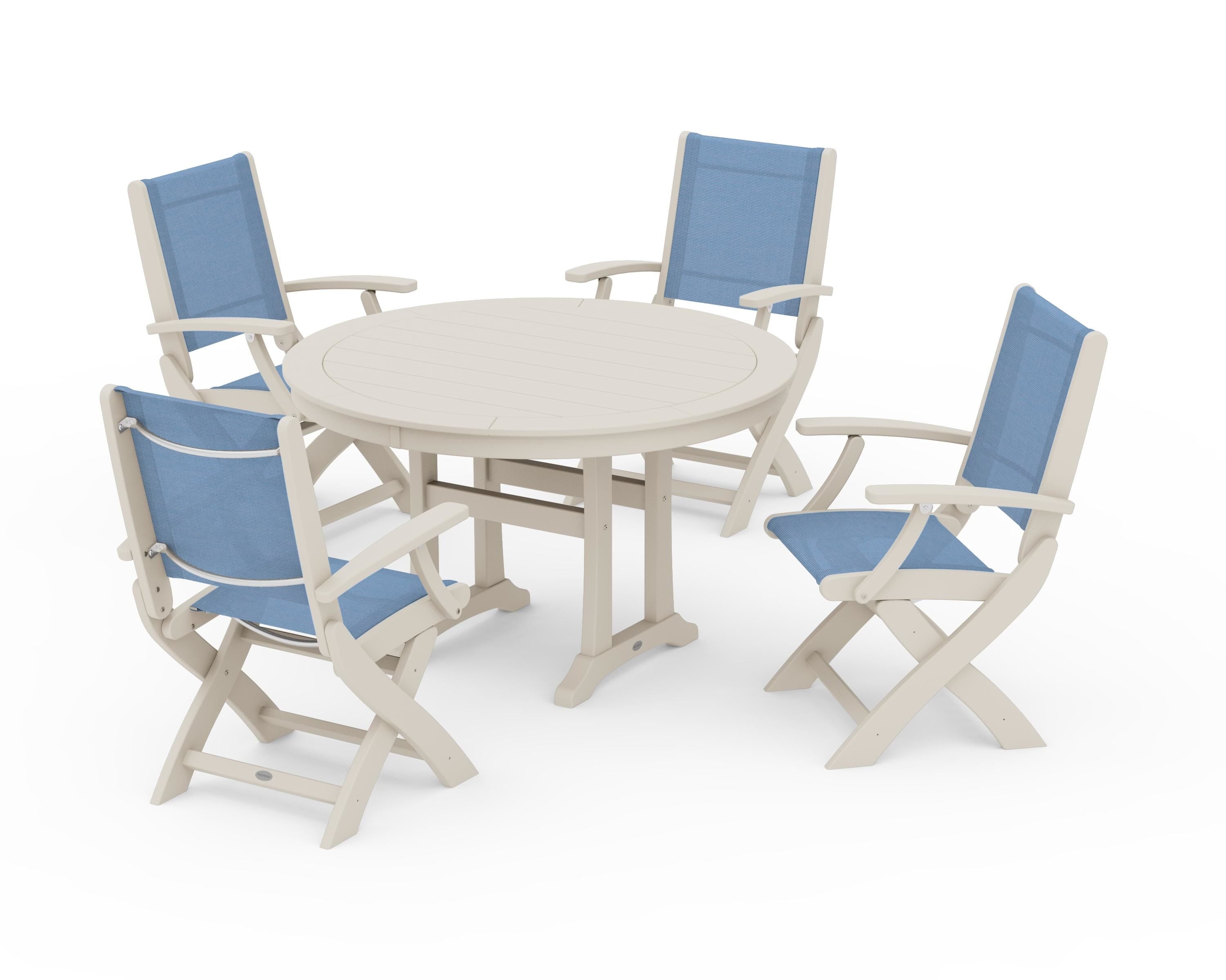 POLYWOOD Coastal Folding Chair 5-Piece Round Dining Set with Trestle Legs in Sand / Poolside Sling