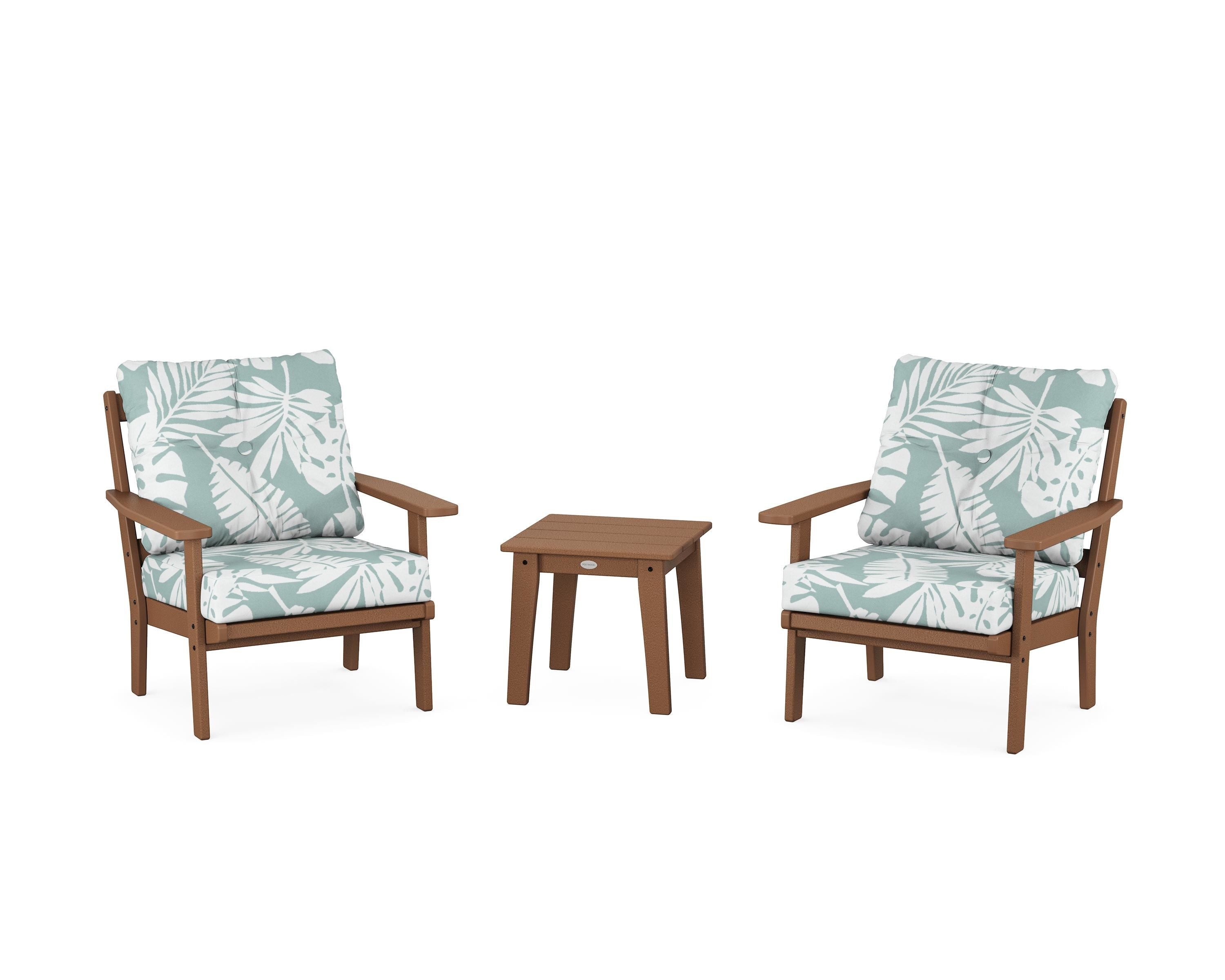 POLYWOOD Oxford 3-Piece Deep Seating Set in Teak / Leaf Glacier Spa