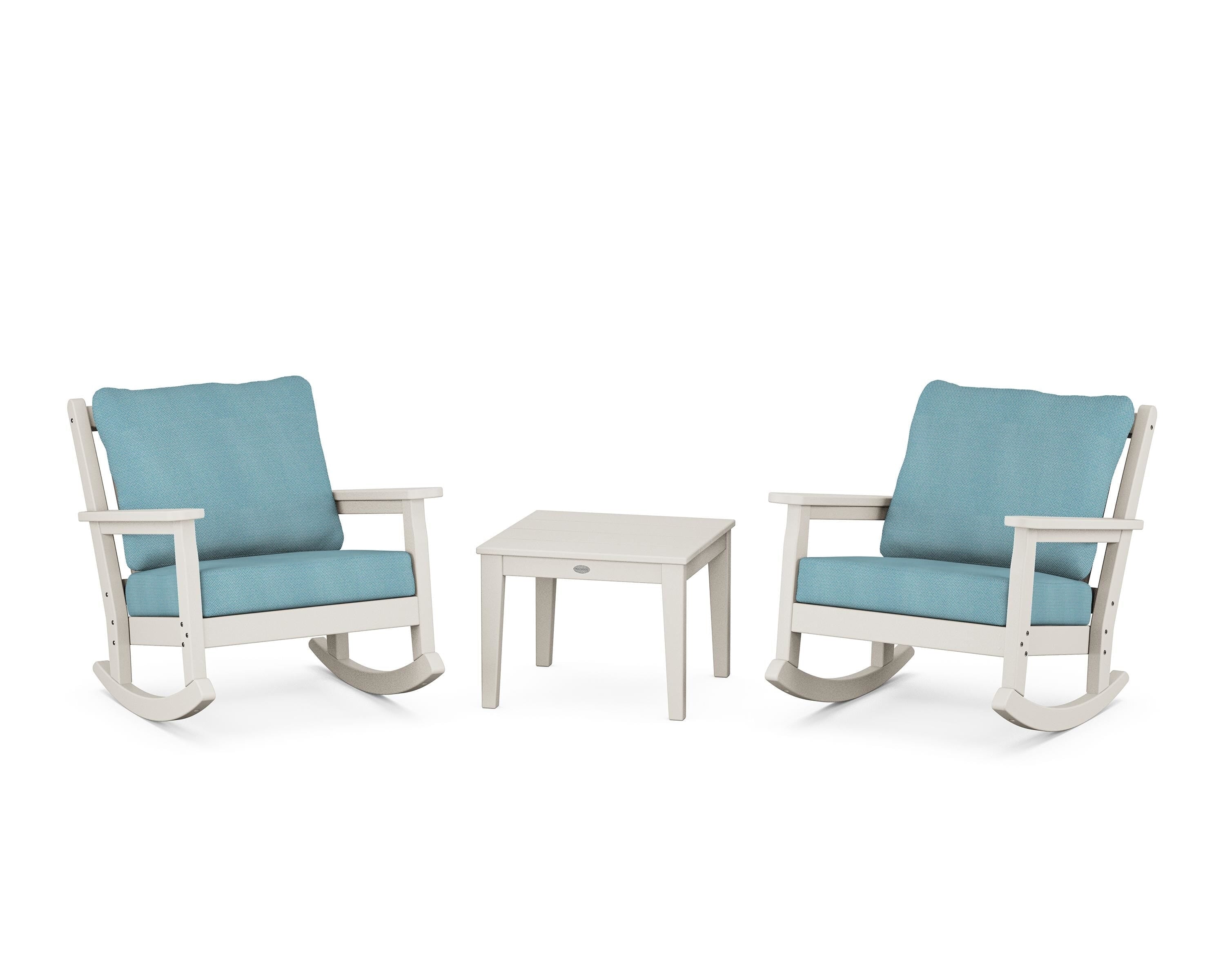 POLYWOOD Chippendale 3-Piece Deep Seating Rocker Set in Sand / Lattice Sky Blue