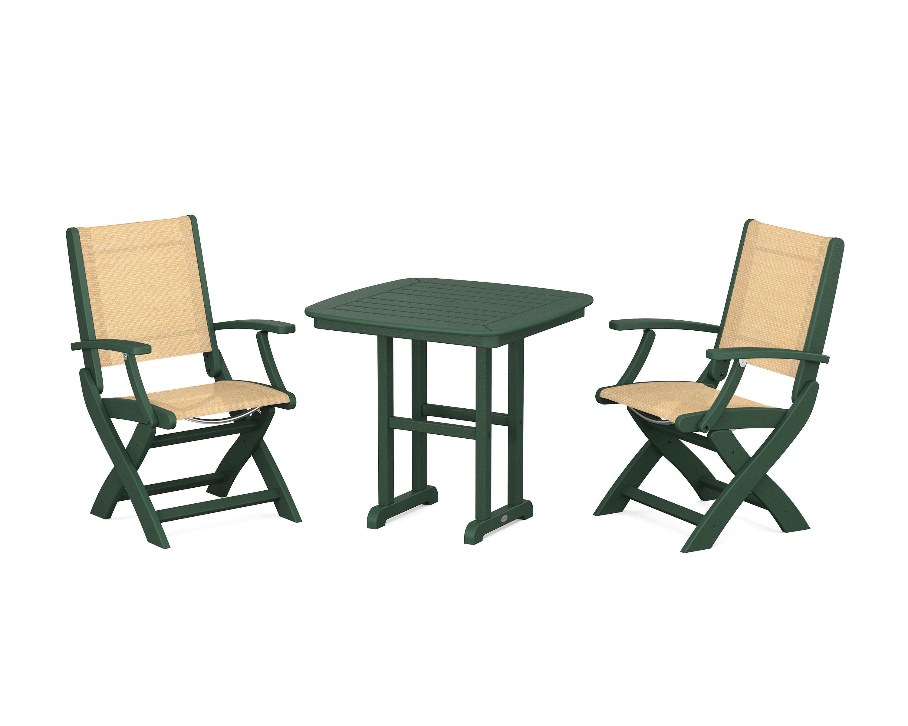 POLYWOOD Coastal Folding Chair 3-Piece Dining Set in Green / Dupioni Apricot Sling