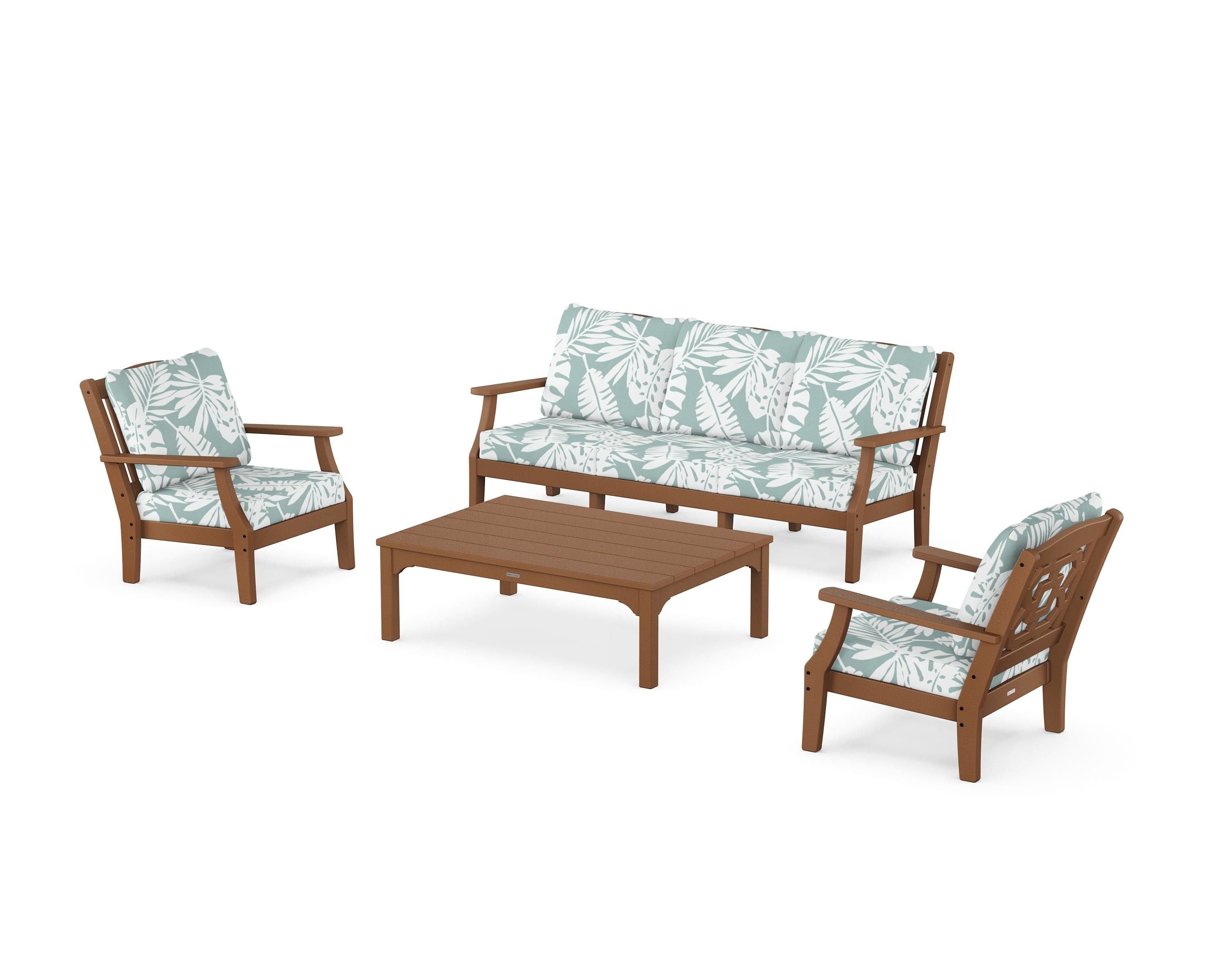 Martha Stewart by POLYWOOD Chinoiserie 4-Piece Deep Seating Set with Sofa in Teak / Leaf Glacier Spa